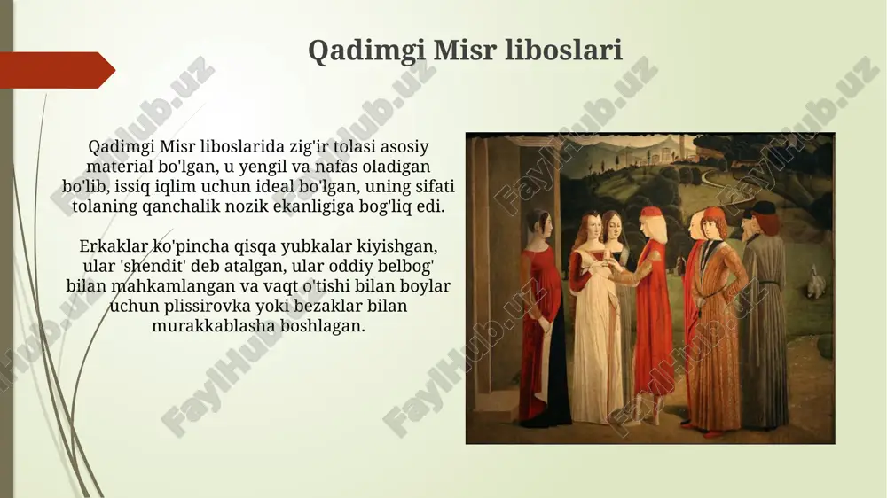 ranglar jamiyatda maqomni belgilab bergan. xulosa: tarixiy ta'sir renessans davrida italiyalik dizaynerlar rim va gretsiyadan ilhomlanib, 14-16-asrlarda klassik nafosatni qayta tikladilar, bu esa keyingi moda tendentsiyalariga ta'sir ko'rsatdi. qadimgi misrning kiyimlari 3000 yildan ortiq davom etgan madaniyatning ijtimoiy sinflarining rolini aks ettirdi, turli materiallar va bezaklar mavqeni ko'rsatdi. savollar va javoblar "savollar va javoblar" ko'pincha o'quv maqsadlarida qo'llaniladi, ayniqsa, 16-asrda diniy matnlarni o'rganishda asosiy vosita sifatida xizmat qilgan. usmonlilar imperiyasida "savollar va javoblar" shakli adabiy va huquqiy sohalarda keng tarqalgan bo'lib, 19-asrda islohotlar davrida ham muhim rol o'ynagan. e'tiboringiz uchun rahmat image1.jpg image2.jpg image3.jpg image4.jpg image5.jpg image6.jpg image7.jpg image8.jpg image9.jpg image10.jpg image11.jpg image12.jpg image13.jpg image14.jpg image15.jpg image16.jpg image17.jpg