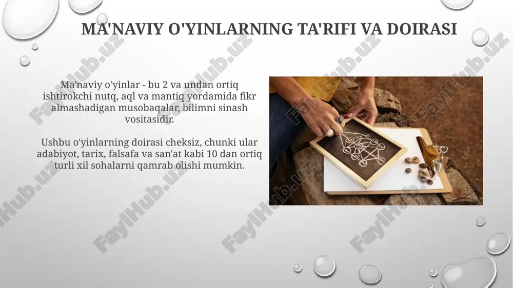 ikrlashni rivojlantiradi. o'yin texnikasi, masalan, 'savol-javob' formati 5-10 ballik tizimda baholanadi, motivatsiyani oshiradi va ma'lumotni mustahkamlaydi. xulosa va istiqbollar verbal o'yinlar tadqiqoti kelajakda lingvistik tahlil va sun'iy intellekt yordamida o'yin xususiyatlarini avtomatik aniqlash algoritmlarini yaratishga qaratilgan bo'lishi mumkin. kelgusi o'n yillikda verbal o'yinlar psixologiya va kommunikatsiya sohalarida tadqiqotlar uchun 2 xil shaklda, yashirin motivlar va ta'sir mexanizmlarini aniqlashda keng qo'llanilishi kutilmoqda. e'tiboringiz uchun rahmat image3.png image4.jpg image5.jpg image6.jpg image7.jpg image8.jpg image9.jpg image10.jpg image11.jpg image12.jpg image13.jpg image14.jpg image15.jpg image16.jpg image17.jpg image18.jpg image19.jpg image20.jpg image1.png