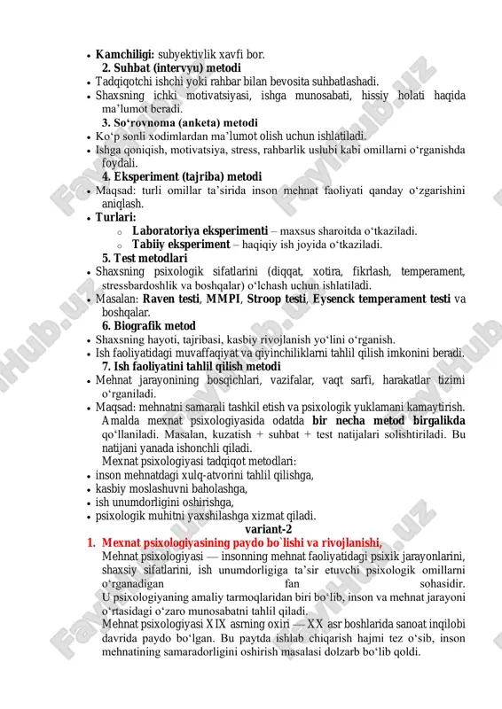 lablarini o‘rganish orqali ish muhitini ishlab chiqishda hamda samarali mehnat muhitini yaratishda yordam beradi. • kasbiy salomatlik va farovonlik: kasbga xos stress va charchoqlarga qarshi tavsiyalar ishlab chiqish, ishchilarning kasbiy salomatligini saqlash. professiografiyaning metodlari professiografiya kasb faoliyatining psixologik va fiziologik tomonlarini o‘rganish uchun turli metodlarni qo‘llaydi. ular orasida: • so‘rovnomalar va testlar: kasb uchun zarur bo‘lgan psixologik xususiyatlarni aniqlash uchun turli testlar va so‘rovnomalar ishlab chiqiladi. • intervyular: kasbni bajaruvchi shaxslar bilan intervyular o‘tkazilib, ular tomonidan mehnat jarayonida yuzaga keladigan muammolar o‘rganiladi. • kasbga oid statistik ma’lumotlar: kasb faoliyatining samaradorligi, ishlovchilarning farovonligi va muammolari bo‘yicha statistik tahlillar o‘tkaziladi. professiografiya, kasb faoliyatini psixologik jihatdan tahlil qilish orqali kasbga mos shaxsni tanlash, mehnat jarayonini samarali tashkil etish, kasbiy malakalarni oshirish va ishchilarning farovonligini ta’minlashga xizmat qiladi. u nafaqat psixologlar, balki ish beruvchilar, kadrlar bo‘limlari va kasbiy tayyorgarlik tizimlari uchun ham muhim bir vosita hisoblanadi. 3. mexnat psixologiyasi tadqiqot metodlari haqida umumiy tushuncha. …