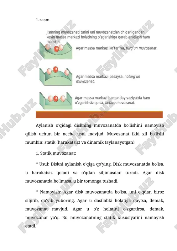 'irlikning momenti teng. * tushuntirish: muvozanat sharti quyidagicha ifodalanadi: f1 * d1 = f2 * d2, bu yerda: * f1 - birinchi og'irlikning kuchi (og'irligi), * d1 - birinchi og'irlikning tayanish nuqtasigacha bo'lgan masofa, * f2 - ikkinchi og'irlikning kuchi (og'irligi), * d2 - ikkinchi og'irlikning tayanish nuqtasigacha bo'lgan masofa. agar f1 = f2 va d1 = d2 bo'lsa, richak muvozanatda bo'ladi. 2. turli og'irlikdagi yuklar bilan: * materiallar: yuqoridagi materiallar bilan birga, turli og'irlikdagi ikkita yuk (masalan, bir xil idishga suv miqdorini o'zgartirib yoki turli og'irlikdagi narsalarni qo'llab). * jarayon: 1. birinchi og'irlikni richakning bir uchini joylashtiring. 2. ikkinchi, engilroq og'irlikni richakning qarama-qarshi uchi joylashtiring. 3. engilroq og'irlikni tayanish nuqtasiga yaqinlashtirib yoki uzoqlashtirib, richakni muvozanat holatiga keltiring. 4. muvozanat holatiga erishilganda, f1 * d1 = f2 * d2 tenglamasi bajarilishini tekshiring. * tushuntirish: bu tajriba shuni ko'rsatadiki, og'irliklarning momenti teng bo'lganda, richak muvozanatda bo'ladi. og'irroq og'irlik tayanish nuqtasiga yaqinroq …