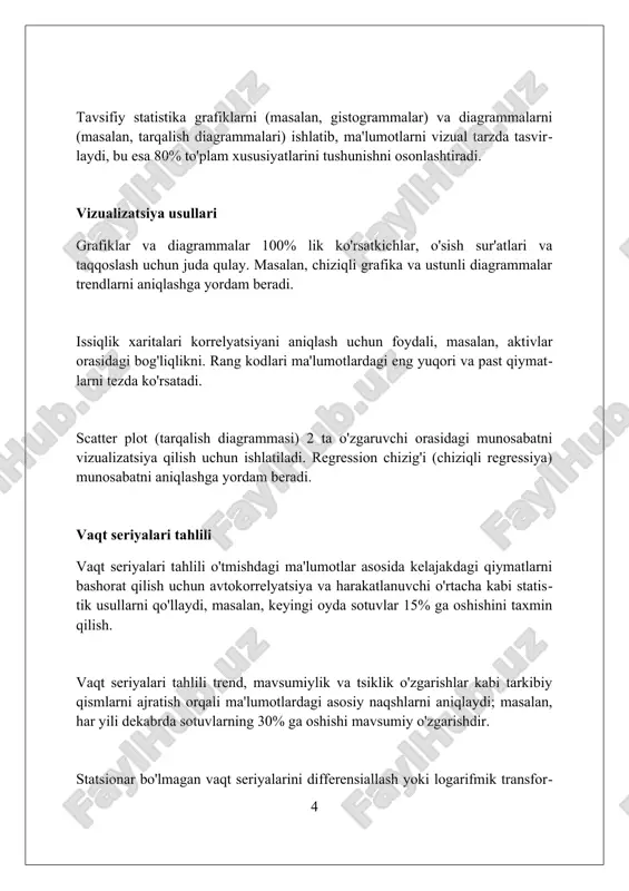 iya qilish kiradi. moddiy taqsimlash 60/40 portfeli kabi oddiy bo'lishi mumkin, ammo murakkab optimallashtirish texnikasi o'zgaruvchan bozor sharoitlariga moslashuvchan aktivlarni taqsimlashni hisobga oladi. firibgarlikni aniqlash firibgarlikni aniqlashda ma'lumotlar tahlili anomaliyalarni aniqlashga qaratilgan, masalan, o'rtacha qiymatdan 3 standart og'ishdan oshadigan tranzaktsiyalar. algoritmlar, jumladan benford qonuni, raqamlarning taqsimlanishini tahlil qilib, soxtalashtirilgan moliyaviy hisobotlarni aniqlashda yordam beradi, bu esa 30% aniqlikni oshiradi. sun'iy intellekt va mashinali o'rganish modellari, 95% gacha aniqlik bilan firibgarlikni aniqlash uchun katta hajmdagi ma'lumotlarni, shu jumladan 20 dan ortiq o'zgaruvchilarni tahlil qiladi. algoritmlik savdo algoritmlik savdo - bu avtomatlashtirilgan qarorlar qabul qilish uchun kompyuter dasturlaridan foydalanish, masalan, 200 ta aksiyani sotish yoki $10 dan past bo'lsa sotib olish. ushbu savdo turida, 50 ms ichida amalga oshiriladigan buyurtmalar hajmi bo'yicha, tarixiy ma'lumotlar va statistik modellar muhim rol o'ynaydi. algoritmlik savdo, shuningdek, yuqori chastotali savdo (hft) ni o'z ichiga olishi mumkin, bunda 1000 dan ortiq bitim bir soniyada amalga oshiriladi, likvidlilikni …