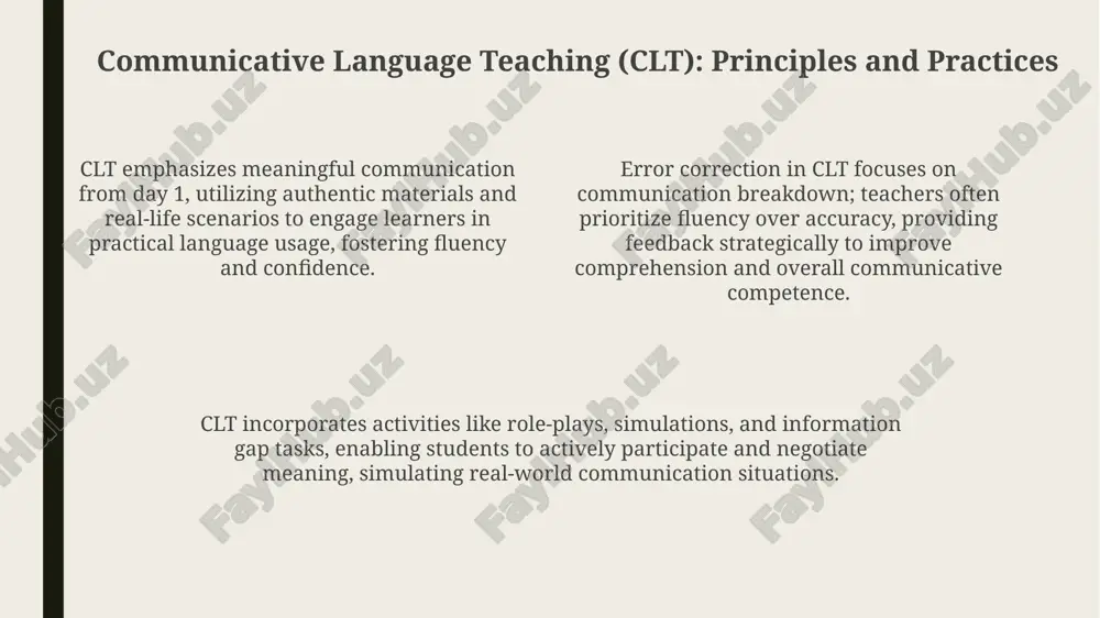 udent engagement and approximately 25% rise in test scores. within clil, instructors need content expertise and language proficiency; they carefully scaffold lessons ensuring both content understanding (70% comprehension) and language development (30% improvement). learner-centered approaches: empowering students utilizing formative assessment, teachers provide ongoing feedback, adapting instruction to meet students' needs, improving comprehension, and building 100% confidence in their abilities. learner-centered approaches prioritize student agency through techniques such as reflective journals, encouraging metacognitive awareness of their learning processes with 70-80% active participation. the 8 principles highlight learner autonomy, fostering student ownership through personalized learning paths designed for diverse learning styles, aiming for 90% individual contribution in projects. assessment in clt, tblt, and clil clt assessment emphasizes communicative competence using rubrics focused on fluency, accuracy, and appropriate language in real-world scenarios, often allocating 60% to communicative tasks. tblt assessment prioritizes task completion and language used functionally to achieve a specified outcome, assessing …
