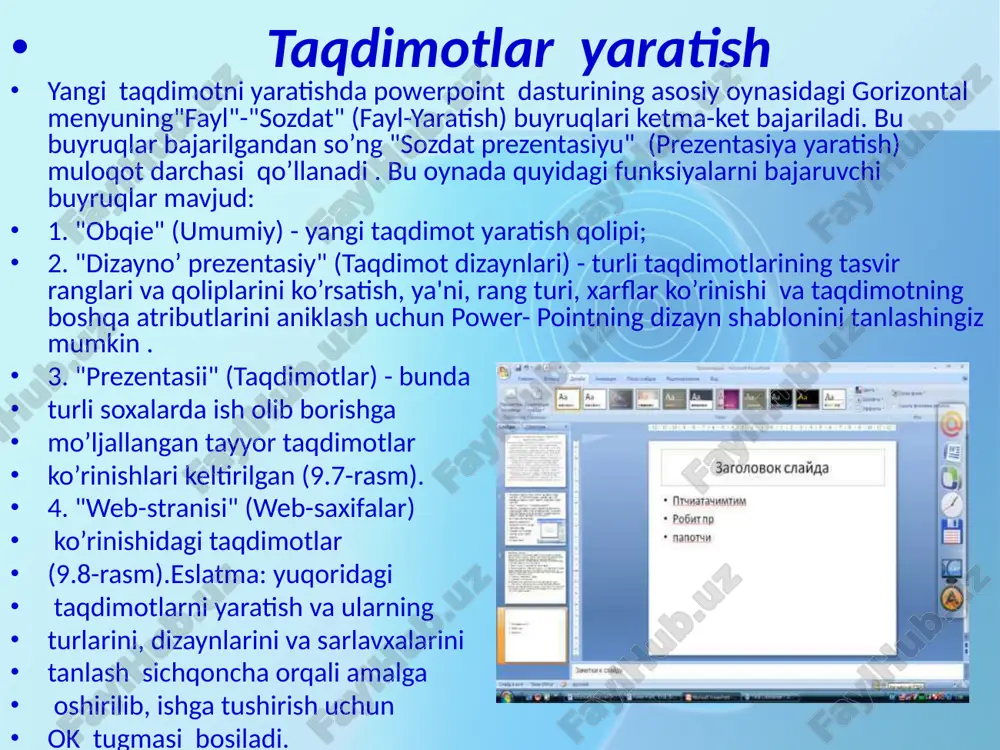 h va uni taxrirlash mumkin. bu standart uskunalar panelidagi quyidagi piktogrammalar yordamida amalga oshiriladi, ya'ni: · (ms word) yoki (ms exsel) tugmachalar (piktogrammalar) dan birini tanlab bosiladi; · jadvalning kerakli ustun va satr parametrlari tanlab olinadi va ekranda xosil bo’lgan jadvalga sonli va matnli qiymatlar kiritiladi; · jadvalga o’zgartirishlar kiritiladigan bo’lsa jadval faollashtiriladi, ya'ni sichqoncha ko’rsatkichi jadval tasviri ustida ikki marta bosiladi. jadval bilan ishlashni tugallash sichqoncha ko’rsatkichi orqali amalga oshiriladi. image1.png image2.jpeg image3.jpeg image4.jpeg image5.jpeg image6.jpeg image7.jpeg image8.jpeg image9.jpeg image10.jpeg /docprops/thumbnail.jpeg