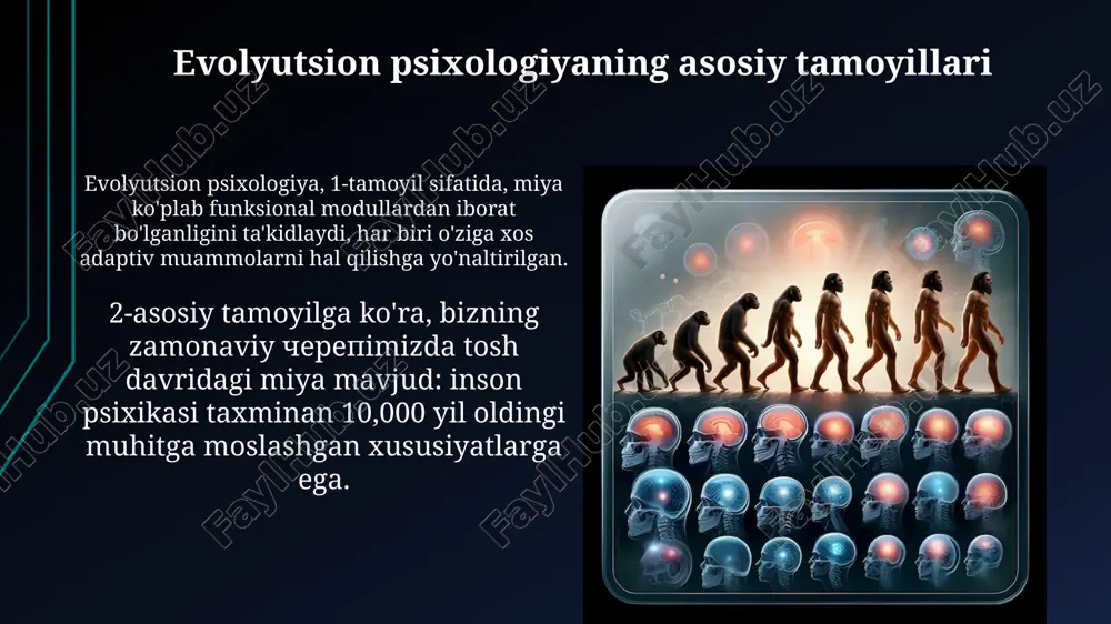sotuvlarni 15-20% ga oshiradi. tashkilotlarda evolyutsion tamoyillar jamoa tuzilishini optimallashtiradi. masalan, "besh katta" shaxsiyat xususiyatlari jamoa samaradorligini 25% ga oshirishi mumkin. kelajak yo'nalishlari va tadqiqot istiqbollari nevrologik rivojlanishning epigenetik mexanizmlarini o'rganish, autizm spektrining buzilishi va shizofreniya kabi kasalliklar uchun erta davolash strategiyalarini aniqlashga yordam beradi. sun'iy intellekt va neyroinformatika yordamida miya simulyatsiyalari va modellari, kognitiv jarayonlarning rivojlanishini tushunishga va inson xatti-harakatini bashorat qilishga imkon beradi. xulosa: psixikaning evolyutsion o'tmishini tushunish psixikaning evolyutsion o'tmishini tushunish, erta gominid miya hajmining asta-sekin oshishi 600 sm³ dan 1500 sm³ gacha qanday kognitiv qobiliyatlarni keltirib chiqarganini ochib beradi. genetik o'zgarishlar, masalan, foxp2 geni 7-xromosomada, nutq va til qobiliyatlarining rivojlanishiga sezilarli ta'sir ko'rsatgan, bu esa ijtimoiylashuvni kuchaytirdi. e'tiboringiz uchun rahmat image1.jpg image2.jpg image3.jpg image4.jpg image5.jpg image6.jpg image7.jpg image8.jpg image9.jpg image10.jpg image11.jpg image12.jpg image13.jpg image14.jpg image15.jpg image16.jpg image17.jpg