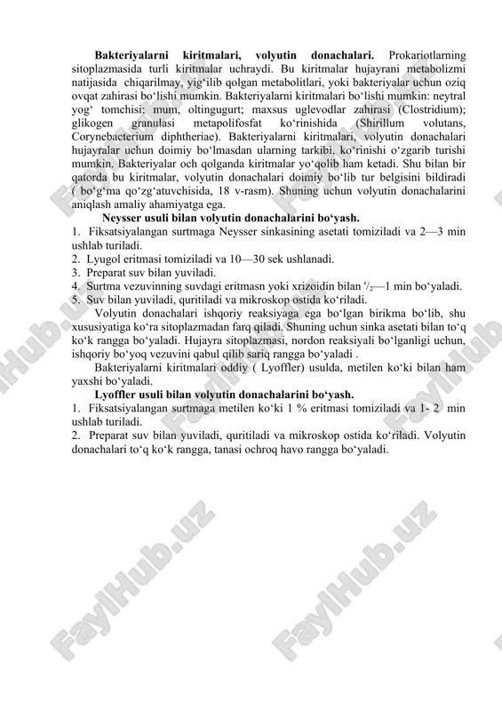 ynasi ustiga bir tomchi tekshiriladigan material yoki bakteriya suspenziyasi tomiziladi va ustidan yopqich oyna yopiladi. tomchi katta bo‘lmasligi va yopqich oynaning chetlaridan chiqmasligi kerak, preparat mikroskop ostida ko‘riladi. m i k r o b n i (v i t a l) t i r i k h o l d a b o‘ ya sh. mikroblar suspenziyasi bir tomchi 0,001 % li metilen ko‘ki yoki neytral qizil eritmaga qo‘shiladi. ulardan «osilgan» yoki «ezilgan» tomchi tayyorlanadi va mikroskop ostida ko‘riladi. mikroskopiyadan so‘ng ular dezinfeksiya qiluvchi moddalar eritmasiga solinadi. bakteriyalarni harakatchanligi bakteriologik amaliyotda yarim suyuq agarlarga tekshirilayotgan mikrob kulturasini sanchib ekish orqali ham aniqlash mumkin. sanchib ekilganda, harakatchan bakteriyalar muhitda tarqalib yaqqol ko‘rinib turadi, harakatsiz bakteriyalar esa, yarim suyuq muhitda sanchuv bo‘ylab o‘sadi. bakteriyalarni kiritmalari, volyutin donachalari. prokariotlarning sitoplazmasida turli kiritmalar uchraydi. bu kiritmalar hujayrani metabolizmi natijasida chiqarilmay, yig‘ilib qolgan metabolitlari, yoki bakteriyalar uchun oziq ovqat zahirasi bo‘lishi mumkin. bakteriyalarni kiritmalari bo‘lishi …