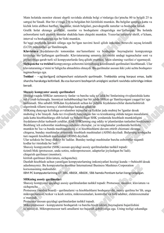 layotgan ibm, dx2-66, power macintosh, pentium rusumli shklar va respublikamizda ishlab chiqarilgan toshkent, ta`lim muassasalarida keng foydalanilgan agat, praves kabilar ham kiradi. beshinchi avlod ehmlari – bu to‘rtinchi avlod mashinasidan tarkibida intellectual interfeys (bilimlar bazasi, masalalarni avtomatik tarzda yechishning dasturiy ta‘minoti va muloqot protsessori) borligi bilan farq qiluvchi, universal sun‘iy tafakkur mashinalaridir. kompyuterlar davri 1971 yilda aqshda mikroprotsessorlarni kashf etilganidan boshlangan desa bo‘ladi. kompyuterlarni ishlab chiqarish avvaliga asosan apple airmasi, keyinchalik (1984 y) esa, ibm firmasi mahsulotlari hisobiga kengayib bordi. beshinchi avlod kompyuterlari optik elementlar asosida yaratilishi rejalashtirilayotgan bo`lib, ular kelajak mahsuli hisoblanadi. bunda elektr toki lazer nurlari bilan almashtiriladi. natijada kompyuterning tuzilishi ham tubdan o`zgaradi. uning asosiy xususiyatlaridan biri faqat sonli hisoblashlarni emas, balki axborotni kiritishda analiz qilish usuli bilan fikrlaydigan axborotlarni ham bajarish imkoniyatiga ega, yani kompyuter bilan muloqot tabiiy maxsus bilimga ham ega bo`lmog`i kerak. xulosa qilib aytganda, beshinchi avlod kompyuterlarning ishlash tamoyili inson tafakkurining faoliyatiga iloji …
