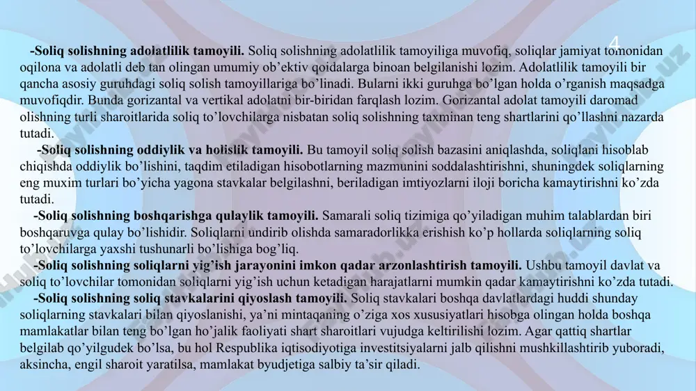 keltirilishi lozim. agar qattiq shartlar belgilab qo’yilgudek bo’lsa, bu hol respublika iqtisodiyotiga investitsiyalarni jalb qilishni mushkillashtirib yuboradi, aksincha, engil sharoit yaratilsa, mamlakat byudjetiga salbiy ta’sir qiladi. 4 5 -soliq solishning adolatlilik tamoyili. soliq solishning adolatlilik tamoyiliga muvofiq, soliqlar jamiyat tomonidan oqilona va adolatli deb tan olingan umumiy ob’ektiv qoidalarga binoan belgilanishi lozim. adolatlilik tamoyili bir qancha asosiy guruhdagi soliq solish tamoyillariga bo’linadi. -soliq solishning oddiylik va holislik tamoyili. bu tamoyil soliq solish bazasini aniqlashda, soliqlani hisoblab chiqishda oddiylik bo’lishini, taqdim etiladigan hisobotlarning mazmunini soddalashtirishni, shuningdek soliqlarning eng muxim turlari bo’yicha yagona stavkalar belgilashni, beriladigan imtiyozlarni iloji boricha kamaytirishni ko’zda tutadi. -soliq solishning boshqarishga qulaylik tamoyili. samarali soliq tizimiga qo’yiladigan muhim talablardan biri boshqaruvga qulay bo’lishidir. soliqlarni undirib olishda samaradorlikka erishish ko’p hollarda soliqlarning soliq to’lovchilarga yaxshi tushunarli bo’lishiga bog’liq. -soliq solishning soliqlarni yig’ish jarayonini imkon qadar arzonlashtirish tamoyili. ushbu tamoyil davlat va soliq to’lovchilar tomonidan soliqlarni yig’ish uchun ketadigan harajatlarni …