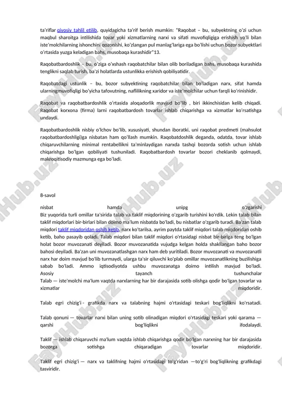yuz tutadi lekin oxirigacham borsam 50-gaellik foizda men foyda olishim mumkin 7-savol korxonalarda mahsulot raqobatbardoshligini boshqarishning o’ziga xos xususiyatlari. raqobat, raqobatbardoshlik va raqobatda ustunlik borasidagi turli nazariy konsepsiyalar va amaliy yondashuvlar mavjud. mazkur tushunchalarga xorijiy va mahalliy olimlar tomonidan berilgan ta’riflar qiyosiy tahlil etilib, quyidagicha ta’rif berish mumkin: “raqobat – bu, subyektning o’zi uchun maqbul sharoitga intilishida tovar yoki xizmatlarning narxi va sifati muvofiqligiga erishish yo’li bilan iste’molchilarning ishonchini qozonishi, ko’zlangan pul manlag’lariga ega bo’lishi uchun bozor subyektlari o’rtasida yuzga keladigan bahs, musobaqa kurashidir”13. raqobatbardoshlik – bu, o’ziga o’xshash raqobatchilar bilan olib boriladigan bahs, musobaqa kurashida tenglikni saqlab turish, ba’zi holatlarda ustunlikka erishish qobiliyatidir. raqobatdagi ustunlik – bu, bozor subyektining raqobatchilar bilan bo’ladigan narx, sifat hamda ularningmuvofiqligi bo’yicha tafovutning, naflilikning xaridor va iste’molchilar uchun farqli ko’rinishidir. raqobat va raqobatbardoshlik o’rtasida aloqadorlik mavjud bo’lib , biri ikkinchisidan kelib chiqadi. raqobat korxona (firma) larni raqobatbardosh tovarlar ishlab chiqarishga va xizmatlar ko’rsatishga undaydi. …
