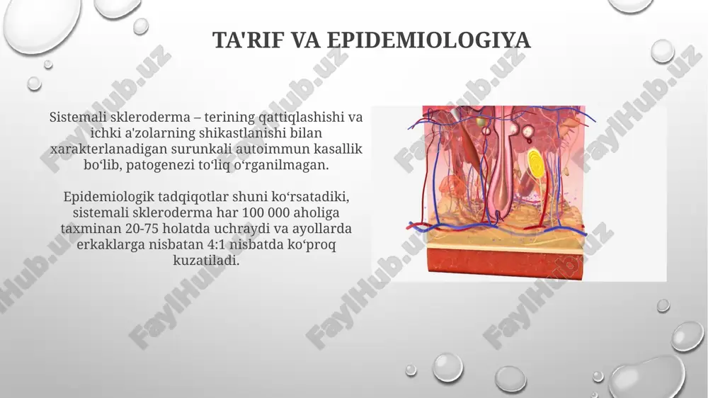 i prognoz uchun muhim. reabilitatsiya reabilitatsiya tizimli skleroderma bilan og'rigan bemorlarga moslashuvchanlikni oshirish va kundalik hayot faoliyatini yaxshilash uchun fizioterapiya kabi erta aralashuvlarni o'z ichiga oladi. reabilitatsiya dasturlari bemorlarga qo'l funksiyasini yaxshilashga, og'riqni kamaytirishga va kontrakturalarning oldini olishga yordam berish uchun ertalabki 30 daqiqalik mashqlarni o'z ichiga oladi. klinik holat (misol) bemorning 55 yoshda ekanligi, terida qalinlashuv, rayno sindromi va o'pka fibrozining mavjudligi sistemik sklerodermani ko'rsatishi mumkin, bu kasallikning tipik namoyonidir. 30 yoshli ayolda qizilo'ngach harakatining buzilishi, antitsentromer antitelalarining yuqori titri va barmoq uchlarida yaralar sistemik sklerodermani klinik holat sifatida tasdiqlaydi. e'tiboringiz uchun rahmat image3.png image4.jpg image5.jpg image6.jpg image7.jpg image8.jpg image9.jpg image10.jpg image11.jpg image12.jpg image13.jpg image14.jpg image15.jpg image16.jpg image17.jpg image18.jpg image19.jpg image20.jpg image1.png