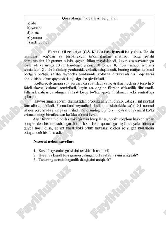 ml distirlangan suv va fuksinning 0,05 ml li to‘yingan spirtli eritmasidan (10 barobar suv bilan aralashtirilgan) iborat reaktiv ishlatiladi. probirkaga 3 gramm yaxshi ezilgan go‘sht solinadi va ustiga 5 ml suyuqlik quyiladi. probirka bir necha marta silkitiladi, keyin esa 5 daqiqa tindiriladi va reaksiya o‘qiladi. agar go‘sht yaxshi yoki o‘rtacha qonsizlargan bo‘lsa, reaktivning rangi ko‘kligicha qoladi, agar rangi malla ko‘k bo‘lsa, go‘sht yomon qonsizlangan hisoblanadi, agar aralashmaning rangi malla qo‘ng‘ir bo‘lsa, u paytda go‘sht juda yomon qonsizlangan hisoblanadi. i.s. zagaevskiy tana go‘shtining qonsizlanganligini aniq tekshirishning sodda usulini tavsiya etadi. zagaevskiy usuli. tana go‘shtining har xil joylaridan 25 gramm go‘sht qirqib olinib, mayda qilib eziladi va xavanchada tuyiladi, keyin esa uning ustiga 5 ml 0,2 foieli xlorid kislotasining eritmasi go‘sht ekstrakti to qizil g‘ish rangga kirguncha solinadi. dokadan o‘tkazilgan 0,5 ml go‘sht ekstrati gemoglobinni o‘lchaydigan sali bo‘lmali probirkaga solinadi va 0,2 foizli xlorid kislotasi go‘sht ekstraktining rangi standart probirkaning rangiga o‘xshaguncha …