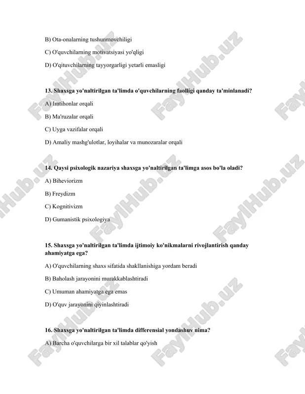 28. shaxsga yo'naltirilgan ta'limda o'quvchilarning o'z-o'zini anglashiga qanday erishiladi? a) refleksiya, o'z-o'zini baholash va fikr-mulohazalar orqali b) faqat o'qituvchining bahosi orqali c) faqat test natijalari orqali d) faqat ota-onalarning fikri orqali 29. shaxsga yo'naltirilgan ta'lim qanday texnologiyalardan foydalanishi mumkin? a) shaxsiy kompyuterlar, internet, interaktiv doskalar b) texnologiyalardan foydalanish mumkin emas c) faqat doska va bo'r d) faqat kitoblar 30. shaxsga yo'naltirilgan ta'limda ota-onalarning roli qanday? a) maktabga umuman bormaslik b) faqat bolaning baholarini nazorat qilish c) o'qituvchining ishiga aralashmaslik d) o'quv jarayonida ishtirok etish, o'quvchilarni qo'llab-quvvatlash va maktab bilan hamkorlik qilish 31. shaxsga yo'naltirilgan ta'limda individual ta'lim traektoriyasi nima? a) barcha o'quvchilar uchun bir xil o'quv dasturi b) faqat orqada qolayotgan o'quvchilar uchun o'quv dasturi c) faqat iqtidorli o'quvchilar uchun o'quv dasturi d) har bir o'quvchining ehtiyojlari va qobiliyatlariga moslashtirilgan o'quv yo'nalishi 32. shaxsga yo'naltirilgan ta'limda muvaffaqiyatni qanday o'lchash mumkin? a) faqat o'quvchining baholari orqali b) faqat imtihon natijalari orqali …