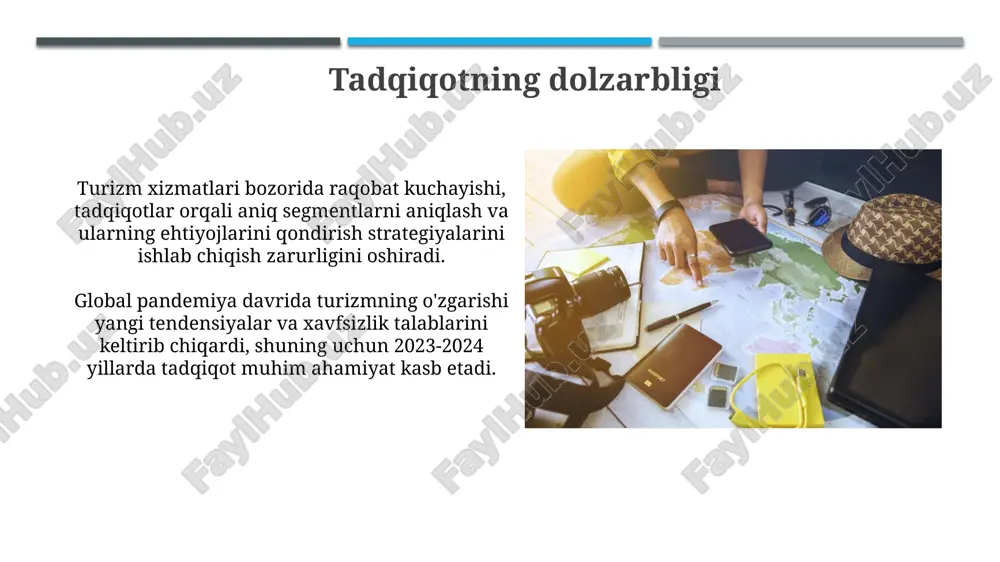 alari sayyohlik xizmatlari bozorida 75% iste'molchilar onlayn bron qilish platformalarini qulayligi va narxlarni solishtirish imkoniyati uchun afzal ko'rishadi. so'rovda qatnashganlarning 60% ekoturizm va sarguzasht sayohatlariga qiziqish bildirishgan, bu barqaror turizmning o'sish tendensiyasini ko'rsatadi. xulosalar va tavsiyalar tavsiyalarda segmentatsiya asosida moslashtirilgan marketing kampaniyalari, xususan 18-35 yoshlilar uchun ijtimoiy media reklamalarini 25%ga oshirish kerakligi ta'kidlanadi. xulosalarga ko'ra, sayyohlik xizmatlarining sifati 15%ga oshirilishi, xususan, mijozlarga xizmat ko'rsatish standartlari yangilanishi zarur. keyingi tadqiqot yo'nalishlari raqamli transformatsiya tendentsiyalari asosida sayyohlik xizmatlarining narxlash modellari, shuningdek, raqamli marketingning ta'sirini 2024-yilgi strategiyalarni ishlab chiqish uchun o'rganish lozim. sun'iy intellekt va katta ma'lumotlar tahlili orqali shaxsiylashtirilgan sayyohlik tajribalarini yaratish imkoniyatlari 2025-yilda mijozlar ehtiyojlarini qondirishda muhim ahamiyatga ega. e'tiboringiz uchun rahmat image1.png image2.jpg image3.jpg image4.jpg image5.jpg image6.jpg image7.jpg image8.jpg image9.jpg image10.jpg image11.jpg image12.jpg image13.jpg image14.jpg image15.jpg image16.jpg image17.jpg image18.jpg
