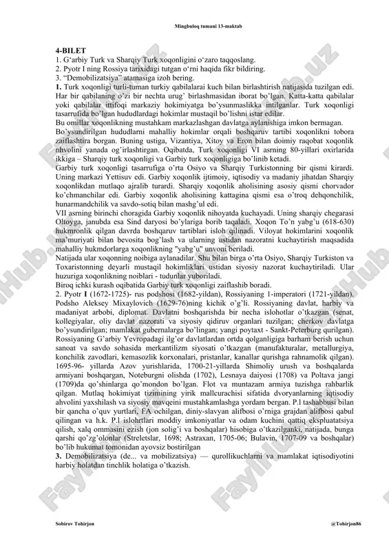 di. o’rtadagi ittifoq goh buzilib, goh tiklanib turadi. nihoyat, iv asrning 70-yillarida o’rta osiyoda xioniylar hukmronligi o’rnatildi. sirdaryo bo’ylaridan to amudaryo havzasigacha cho’zilgan keng maydonda xioniylarning kuchli davlati qaror topadi. bu davlat 120 yildan oshiqroq hukmdorlik qiladi. 2. amir temur 1336-yil 9-aprelda qadimgi kesh viloyatidagi (hozirgi shahrisabz) yakkabog' tumanida (xo'ja ilg'or qishlog'ida) tug'uladi. uning to'liq ismi amir temur ibn amir tarag'ay ibn amir- barqul. onasi takinaxotun. shayx shamsiddin kulol temurbekning piri bo'lgan. amir temur mohir chavandoz va jangchi bo'lgan. amir temurning asosiy maqsadi markazlashgan davlat tuzish edi. bu maqsadga 1370-yil 11- aprelda erishadi ungacha eesa 1365-yil tarixda mashhur bo'lgan loy jangida ilyosxo'ja ustidan g'alaba qozonadi. amir temur birin ketin hududlarni qo'lga kirita boshlaydi. jumladan sharqiy turkiston tomon bir necha maria yurish qiladi. mog'ullarga zarba berib farg'ona, o'tror, yassi va sayramni bosib oladi. hisor badaxshon, qunduzni ham egallaydi, 1381-yil hirot, seiston, mazondaronni egallaydi. shundan so'ng saraxs, jom, qavsiya, sabzavor shaharlarini jangsiz …