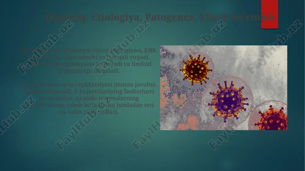 unlari kattalashadi. ikkinchi darajali sifilis, odatda birlamchi shankrdan 2-12 hafta o'tgach, terida toshmalar, shilliq pardalarda shikastlanishlar, limfa tugunlarining kattalashishi va konstitutsiyaviy alomatlar bilan namoyon bo'ladi. sifilis: diagnostika va davolash sifilisni tashxislashda treponemal (fta-abs, tp-pa) va non-treponemal (vdrl, rpr) testlaridan foydalaniladi, bunda non-treponemal testlar davolanishni baholash uchun ishlatiladi. benzatin penitsillin g sifilisning barcha bosqichlarida asosiy davolash usuli hisoblanadi; allergiyasi bo'lgan bemorlar uchun doksisiklin yoki tetratsiklin kabi muqobil antibiotiklar qo'llaniladi. xulosa xulosa qismida asosiy fikrlarni qisqa va aniq shaklda takrorlash zarur, lekin aynan so'zma-so'z emas, balki 2-3ta muhim jihatini ta'kidlab o'tish lozim. prezentatsiyaning xulosasi (xulosa) 1-2 daqiqa ichida auditoriya e'tiborini jalb qilib, 3-4ta asosiy nuqtani jamlab, amaliy tavsiyalar berish kerak. e'tiboringiz uchun rahmat image6.jpg image7.jpg image8.jpg image9.jpg image10.jpg image11.jpg image12.jpg image13.jpg image14.jpg image15.jpg image16.jpg image17.jpg image18.jpg image19.jpg image20.jpg image21.jpg image22.jpg image2.png image3.png image4.png image5.png