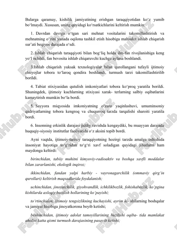 a.kondorse, nemislar i.kant, i.gerder, g.v.f.gegel va boshqalar qarashlariga ko‘ra taraqqiyot fan, san’at, din, falsafa, huquq rivojlanishida ifodalanadi. k.marksning qarashlariga ko‘ra taraqqiyot ishlab chiqaruvchi kuchlar rivojlanishiga tayanadi. lekin taraqqiyotni bunday tushu- tarixning chiziqli kechishi masalasi nishda insonning o‘rni tarixda lozim darajada aks etmaydi. holbuki, tarix, dastavval, inson tarixi - kishilar tarixidir. ularning tarixi doirasidagina moddiy jarayonlar o‘tmishning mazmuni, mohiyati ifodalanadi. xx asrga, ayniqsa, uning oxirlariga kelib ijtimoiy dinamizmning doiraviy tarzda yuz berishi to‘g‘risidagi qadimdan mavjud bo‘lgan qarashlar yangi mazmun kasb etib, tarqala boshladi. darhaqiqat, insoniyat tarixida voqealarning muayyan maromda yuz berishi va takrorlanishi sharqda ham, g‘arbda ham e’tiborda bo‘lgan. asta-sekin kishilik dunyosi rivojlanishining davriy tarzda yuz berishi g‘oyasi shakllangan. hozirgi davrning mashhur tarixchisi f.brodelning (fransiya) ta’kidlashicha, tarixiy voqealar - bular changlar, ulardagi asosiy jihat davriyliklardan iboratdir. bunda jarayonlar boshlanganidan ularning tugashigacha bo‘lgan vaqt olinadi. davriy o‘zgarishlar ikki xil tarzda: tizimiy-mutanosiblik va tarixiy shakllarda kechishi qayd etiladi. ulardan birinchisida ijtimoiy o‘zgarishlar bir …