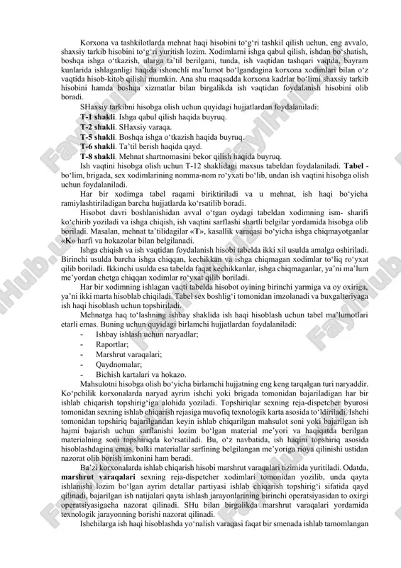 at va ish haqini dastlabki hujjatlarda rasmiylashtirish, uni umumlashtirish. korxona va tashkilotlarda mehnat haqi hisobini to‘g‘ri tashkil qilish uchun, eng avvalo, shaxsiy tarkib hisobini to‘g‘ri yuritish lozim. xodimlarni ishga qabul qilish, ishdan bo‘shatish, boshqa ishga o‘tkazish, ularga ta’til berilgani, tunda, ish vaqtidan tashqari vaqtda, bayram kunlarida ishlaganligi haqida ishonchli ma’lumot bo‘lgandagina korxona xodimlari bilan o‘z vaqtida hisob-kitob qilishi mumkin. ana shu maqsadda korxona kadrlar bo‘limi shaxsiy tarkib hisobini hamda boshqa xizmatlar bilan birgalikda ish vaqtidan foydalanish hisobini olib boradi. shaxsiy tarkibni hisobga olish uchun quyidagi hujjatlardan foydalaniladi: t-1 shakli. ishga qabul qilish haqida buyruq. t-2 shakli. shaxsiy varaqa. t-5 shakli. boshqa ishga o‘tkazish haqida buyruq. t-6 shakli. ta’til berish haqida qayd. t-8 shakli. mehnat shartnomasini bekor qilish haqida buyruq. ish vaqtini hisobga olish uchun t-12 shaklidagi maxsus tabeldan foydalaniladi. tabel - bo‘lim, brigada, sex xodimlarining nomma-nom ro‘yxati bo‘lib, undan ish vaqtini hisobga olish uchun foydalaniladi. har bir xodimga tabel raqami …