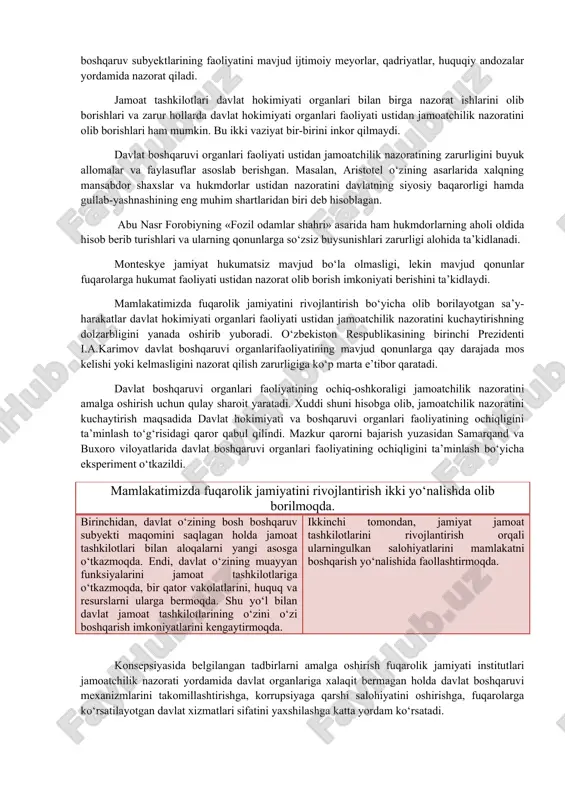 ing madadi zarur bo‘ladi. 2014 yilda konstitutsiyamizga kiritilgan o‘zgarishlar jamoatchilik nazoratiga konstitutsiyaviy maqom berdi. konstitutsiyamizning 32-moddasi endi quyidagi tahrirda bayon qilindi: “o‘zbekiston respublikasining fuqarolari jamiyat va davlat ishlarini boshqarishda bevosita hamda o‘z vakillari orqali ishtirok etish huquqiga egadirlar. bunday ishtirok etish o‘zini o‘zi boshqarish, referendumlar o‘tkazish va davlat organlarini demokratik tarzda tashkil etish, shuningdek davlat organlarining faoliyati ustidan jamoatchilik nazoratini rivojlantirish va takomillashtirish yo‘li bilan amalga oshiriladi.” fuqarolarimizning jamiyat va davlat ishlarini boshqarishda ishtirok etishlari davlat organlarining faoliyati ustidan jamoatchilik nazoratini rivojlantirish va takomillashtirish yo‘li bilan amalga oshirilishining konstitutsiyada mustahkamlab qo‘yilishi jamoatchilik nazoratiga mamlakatimizda qanchalik katta ahamiyat berilayotganining belgisidir. jamoatchilik nazorati fuqarolik jamiyati institutlarining shakllanishi va rivojlanishi bilan bog‘liq tarzda rivojlanib boradi. fuqarolik jamiyati rivojlanib borgani sari jamoatchilik nazorati uchun kengroq imkoniyatlar va istiqbollar paydo bo‘ladi. ikkinchi tomondan, jamoatchilik nazoratining rivojlanishi fuqarolik jamiyati institutlarining rivojlanishiga olib keladi. rivojlangan va keng quloch yoygan jamoatchilik nazoratini fuqarolik jamiyatisiz tasavvur qilib bo‘lmaganidek, fuqarolik …