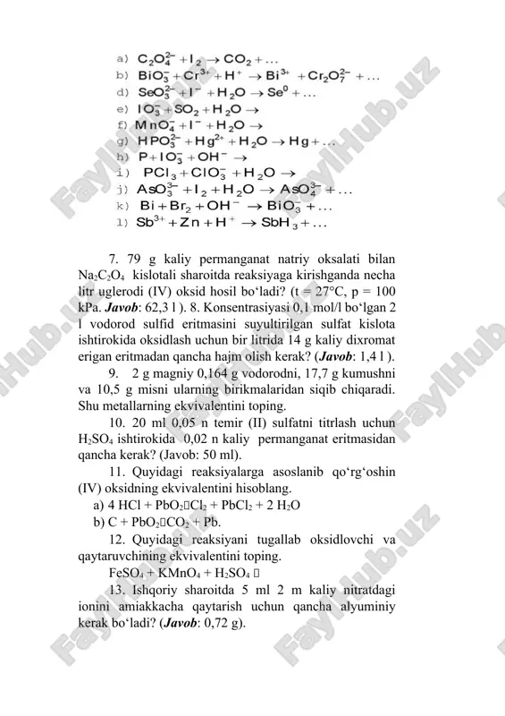  cr2(so4)3 + al2(so4)3+ k2so4 + h2o 14. kclo4 + sb + h2so4  sb2(so4)3 + kcl + h2o 15. crcl3 + br2 + koh  k2cro4 + kbr + kcl + h2o 16. caocl2 + nabr + h2o  cacl2 + br2 + naoh 17. na2s + na2cr2o7 + h2so4  cr2(so4)3 + na2so4 + h2o 18. mns + hno3  mn(no3)2 + s + no + h2o (suyul) 19. mns + hno3  mnso4 + no + h2o 20. mnso4 + pbo2 + hno3  hmno4+ pbso4 + pb(no3)2+ h2o 21. mn(no3)2 + pb3o4 + hno3  hmno4 + pb(no3)2 + h2 o 22. na2so3 + k2cr2o7 + h2so4  na2so4 + cr2(so4)3 + k2so4+h2o 23. naaso2+ i2+ na2co3+ h2o  nah2aso4+nai + co2 24. sncl3+na2wo4 + hcl  w2o5 + sncl4 + nacl + h2o 25. sncl2 + hno3+hcl sncl4 + no + h2o 26. sncl2 + …