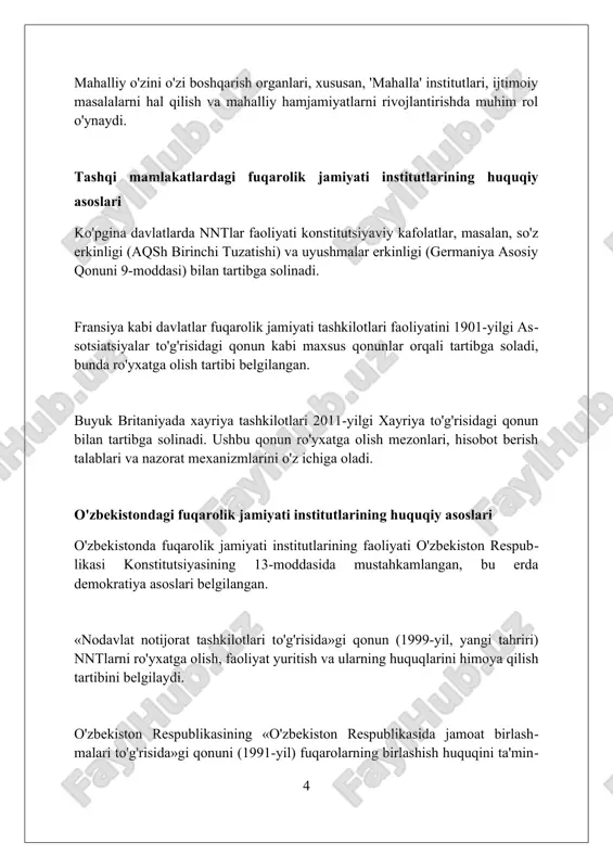 ratni kuchaytirish va davlat dasturlarini monitoring qilishda muhim rol o'ynaydi. nodavlat notijorat tashkilotlar (nnt) aholining huquqiy savodxonligini oshirish, gender tengligini ta'minlash va 100 dan ortiq etnik guruhlar o'rtasida totuvlikni mustahkamlash kabi vazifalarni bajaradi. mahalla fuqarolar yig'inlari (mfy) hududlarda ijtimoiy-iqtisodiy rivojlanish dasturlarini ishlab chiqishda, kam ta'minlangan oilalarga yordam ko'rsatishda va 500 dan ziyod mahalliy muammolarni hal qilishda faol ishtirok etadi. qiyosiy tahlil: o'xshashliklar va farqlar qiyosiy tahlilda, o'zbekistonda nntlar tashkil etish tartibi xorijiy mamlakatlarga nisbatan murakkabroq bo'lishi mumkin, chunki ro'yxatdan o'tish jarayonlari 2010-yildan beri o'zgarishlarga duch kelgan. ko'plab g'arb davlatlarida fuqarolik jamiyati institutlari hukumatdan mustaqil bo'lishga intiladi, o'zbekistonda esa hamkorlik tendentsiyasi 50 foizdan oshadi, bu an'anaviy yondashuv hisoblanadi. chet elda nntlar lobbi faoliyatida faol ishtirok etishi mumkin, lekin o'zbekistonda siyosiy lobbi faoliyati 75 foizga cheklangan, bu qonuniy jihatdan taqiqlanmagan bo'lsa ham. tashqi mamlakatlardagi ilg'or tajribalar germaniyadagi "stiftung" modellari fuqarolik jamiyatini moliyalashtirishda davlatdan mustaqil grantlar berish orqali, nntning barqarorligini ta'minlaydi. janubiy koreyada …