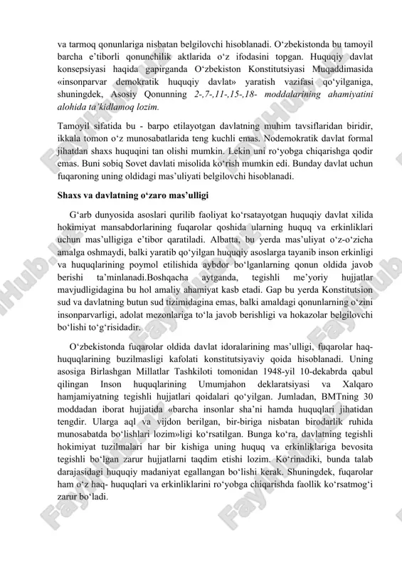 li orqali huquqlar buzilishini tiklash, aybdorlarni adolatli jazolash bo‘yicha sud hokimiyati oldida hozirgi vaqtda o‘zbekistonda bu sohaga zamonaviy talablar qoyilishi bilan keng ko‘lamli faoliyat olib borish vazifalari qo‘yilgan. hokimiyatlar bo‘linganlik tamoyili o‘zbekistonda yangi mexanizm bilan to‘ldirilgan. bu tegishli hokimiyatlar o‘rtasidagi «posangi»ning ham yaratilganidir. sobiq sovet davlati o‘rnida vujudga kelgan qator davlatlarda ayni shu «posangi»ning ishlab chiqilmaganligi natijasida davlat boshliqlari bilan parlament o‘rtasida harbiy to‘qnashuv (rossiya, 1993-yil), o‘zaro kelisha olmaslik (ukraina, qirg‘iziston va boshqa davlatlar) yuz berdi. 3. «huquqiy davlat» iborasidan ma’lum bo‘layotganidek, davlatning huquqqa tobeligi. bu tamoyil o‘zbekistonda davlat organlarining ham, tashkilot va muassasalarning ham, fuqarolarning huquqqa baravar bo‘ysunishi tarzida amalga oshmoqda. natijada davlat tashkilotlari faoliyatida o‘zboshimchalik emas, balki huquq bilan bu faoliyatning cheklanganligi ta’minlanmoqda. 4. davlat faoliyatida inson tabiiy huquqlari ustunligini tan olish siyosiy-huquqiy maqomda xalqaro huquq va konstitutsiyada ifodalangan bo‘lib ichki qonunchilikka va tarmoq qonunlariga nisbatan belgilovchi hisoblanadi. o‘zbekistonda bu tamoyil barcha e’tiborli qonunchilik aktlarida o‘z ifodasini topgan. …