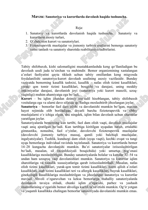 dbirlarini. tabiiy shifobaxsh, kishi salomatligini mustahkamlashda keng qo‘llaniladigan bu davolash usuli juda ta’sirchan va muhimdir. bemor organizmining xastalangan a’zolari faoliyatini qayta tiklash uchun tabiiy omillardan keng miqyosda foydalanilishi sanatoriya-kurort davolash usulining asosiy vazifasidir. bunday vaziyatda bemorning kasallik tashxisi, kasallik – nafas olish tizimi kasalliklari, yurak- qon tomir tizimi kasalliklari, bosqichi va darajasi, uning moddiy imkoniyatlar darajasi, davolanish joyi (sanatoriya yoki kurort manzili, uzoq-yaqinligi) muhim ahamiyatga ega bo‘ladi. kurort – bu iqlim jihatdan doimiy mo‘tadil hisoblangan, tabiiy shifobaxsh vositalarga ega va ularni davo sifatida qo‘llashga moslashtirib jihozlangan joylar. sanatoriya – bemorlar faol dam olishi va davolanishi mumkin bo‘lgan, maxsus hayot rejimida olib boriladigan, deyarli barcha fizioterapevtik va tibbiy muolajalarni o‘z ichiga olgan, shu ningdek, iqlim bilan davolash uchun sharoitlar yaratilgan joylar. sanatoriyalarda bemorning kun tartibi, faol dam olish vaqti, davolash muolajalar vaqti aniq ajratilgan bo‘ladi. kun tartibiga kiritilgan uyqudan turish, ertalabki gimnastika, nonushta, faol o‘yinlar, davolovchi fizioterapevtik muolajalar (davolovchi jismoniy tarbiya …