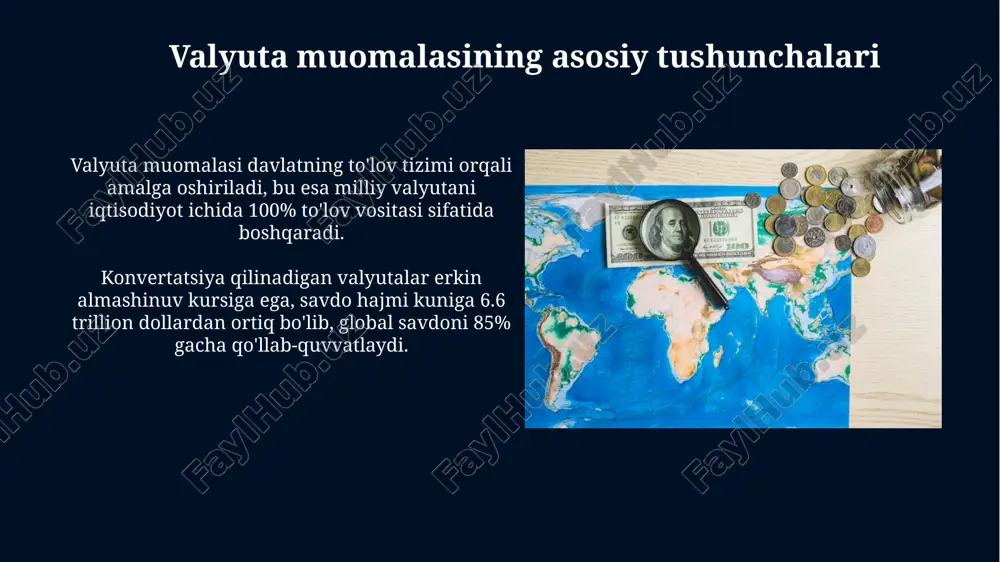 engayishi bilan bog'liq. elektron tijorat platformalarida to'lovlarning 80% dan ortig'i naqd pulsiz amalga oshiriladi, bu esa xaridorlar uchun qulaylik va tezlikni ta'minlaydi. valyuta muomalasidagi tendensiyalar va istiqbollar raqamli valyutalarning ommalashuvi bilan naqd pulsiz to'lovlar hajmining ortishi valyuta muomalasida sezilarli tendensiya bo'lib, kelajakda markaziy bank raqamli valyutalarining (cbdc) joriy etilishiga zamin yaratadi. transchegaraviy to'lovlar tezligi va arzonligini oshirishga qaratilgan innovatsiyalar, masalan, blokcheyn texnologiyasi, valyuta muomalasi istiqbollariga ta'sir etadi va global iqtisodiy integratsiyani rag'batlantiradi. xulosa xulosa qismida, tadqiqot natijalarining amaliy ahamiyati 2-3 ta muhim yo'nalish bo'yicha, masalan, fiskal siyosat va valyuta nazorati sohalarida aniq ko'rsatilishi zarur. tadqiqot davomida aniqlangan 3-4 ta asosiy muammolarni hal etish bo'yicha aniq takliflar ishlab chiqilib, ularning iqtisodiy samaradorligi baholanishi xulosa qismida muhim hisoblanadi. e'tiboringiz uchun rahmat image5.png image6.jpg image7.jpg image8.jpg image9.jpg image10.jpg image11.jpg image12.jpg image13.jpg image14.jpg image15.jpg image16.jpg image17.jpg image18.jpg image19.jpg image20.jpg image21.jpg image22.jpg image1.jpeg