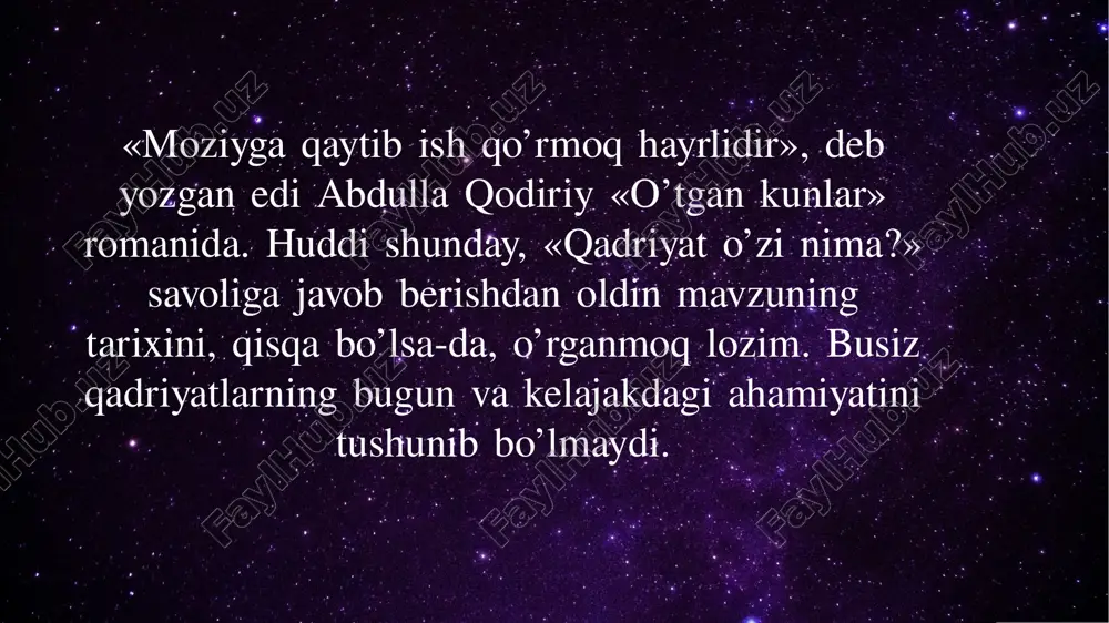 boshladi. xix asrning o’rtalariga kelib, amirlik va honliklarga bo’linganligiga qaramasdan, mustaqil yashagan turkiston chor rossiyasi tomonidan bosib olindi, yurtimiz imperiyaning mustamlakasi bo’lib qoldi. mustamlakachilarning qadriyatlari va qadrlash mezonlari halqimiz orasiga zo’rlik bilan singdirila boshlandi. xix asrning ohirlari va xx asr boshlarida yurtimizda «jadidlar» oqimi vujudga keldi. behbudiy, so’fizoda, avloniy, cho’lpon, fitrat va boshqa jadidlar merosiga diqqat qilinsa, o’sha davrda yurtimizda ma`naviy tushunchalarning ko’lami qanchalik keng bo’lganligini, falsafiy tilning naqadar boyligini, uning adabiyot bilan qanchaliy uyqunligini yaqqol ko’rish mumkin. ularning asarlarida gohida biz allaqachon esimizdan, tilimizdan va balki dilimizdan ham chiqarib yuborgan qadriyatlar, tushunchalarga duch kelamiz. jadidlarning merosi halqimiz madaniyatiga yanada kattaroq ta`sir ko’rsatishi mumkin edi. afsuski, bolsheviklar boshlagan siyosiy jarayonlar bu avlodning boy merosini o’z domiga tortdi, uning taqdiri ayanchli kechdi, ta`qiqlab qo’yildi. o’tmish avlodlar ardoqlagan va buyuk ajdodlarimizdan meros qolgan sharqona qadrlash mezonlarini yuz o’ttiz yil sarobga aylantirish uchun qilingan urinishlarning oqibatlari haligacha sezilib turadi. faqat mustaqillik yillariga kelibgina …