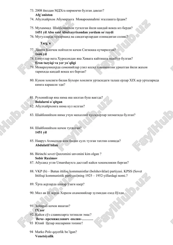 bilan 86. birinchi sovet qaxromini unvonini kim olgan ? sobir raximov 87. abusaid ugli umarshayxga dastlab kaysi xokimlikni bergan? 88. vkp (b) – butun ittifoq kommunistlar (bolsheviklar) partiyasi. kpss (sovet ittifoqi kommunistik partiyasi)ning 1925 – 1952-yillardagi nomi.? 89. o'rta asrlarda shaxar o'zagi kaer? 90. mil av iii asrda xorazm axamoniylar zulmidan ozod bo'ldi. 91. ziyirab kachon yashagan? ix asr 92. kaysi so'z slavyanlarga tegishli emas? veche- premijslovich -polyan-………. 93 yuliy tsezar ishlarini toping! 94 marko polo qayerlik bo`lgan? venetsiyalik 95 asarlarni muallifi bn moslashtiring: ? leonarda da vinchi, rembrant, rafael santi asarlari__________________________________________________ 96 roman uslubida germaniya qurilgan ibodatxonalar? 97 2001 yil nyuyorkda bo`gan terroristic aktga qaysi davlat qo’shilgan? pokiston 98 mesopatamiya oy taqvimi nechi kun? 354 kun 99 ruzvelt islohotlari? 100 .turkiya va grmaniya o’rtasidagi do’stlik shartnomasi qachon? 1941 yil 101 .1870 yilda qaysi davlatda imperiya ag’darildi? fransiya 102 .mo’gullar davridagi soliqlar? targ`u,shulen,qopchur,kalon 103 .genrix i faoliyatiga oid ma’lumotlar? -qishlog`da …