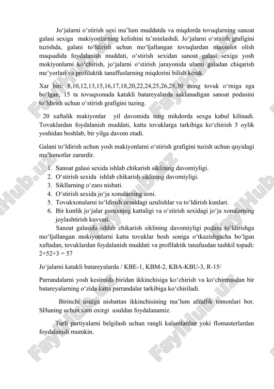 larning sigim ko‘rsatkichi. topshirik. kuyidagi shartlarni bajargan xolda texnologik grafik tuzing: e/ kataklarda asraluvchi tovuklar, sanoat sexi 20 tovukxonadan tashkil topgan; b/ ustirish sexida mokiyonlarni o‘stirish muxlati 10 xafta; v/ tovuklardan foydalanish muddati bir yilga yakin. xisob-kitobni bajarishda kuyidagi kushimcha ma’lumotlarni kuzda tuzing: v/ tovukxonalarning joylashtirish kobiliyati (belgilangan bosh sonda) parranda o‘rniga teng: b/ 10 xaftalik makiyonlar tovuklarga muljallangan kataklarda zichligi 20 bosh va undan ortigi bilan joylashtiriladi. parrandachilik fabrikasining birinchi va ikkinchi yillar davomida o‘stirish sexi xonalarni to‘ldirish texnologik grafigini tuzing. o‘rtacha tovuk boshiga tuxumdorlikni aniklash uchun, jami to‘plangan tuxum mikdori va tovuklarning ma’lum davrdagi o‘rtacha bosh sonini aniqlang. parrandalar o‘rtacha bosh sonini, jami ishlatilgan parranda-kunlarini kalendar kun xisobiga bo‘lish bilan xisoblanadi. xar bir tovukning o‘rtacha tuxumdorligini, topish uchun jami olingan tuxumlar bir yilda ishlatilgan o‘rtacha bosh soniga bo‘lish yo‘li bilan aniqlanadi. tuxumdorlikning jadalligi foiz xisobida ifodalanishi lozim. buning uchun jami to‘plangan tuxum mikdori 100 ga ko‘paytiriladi va parranda …