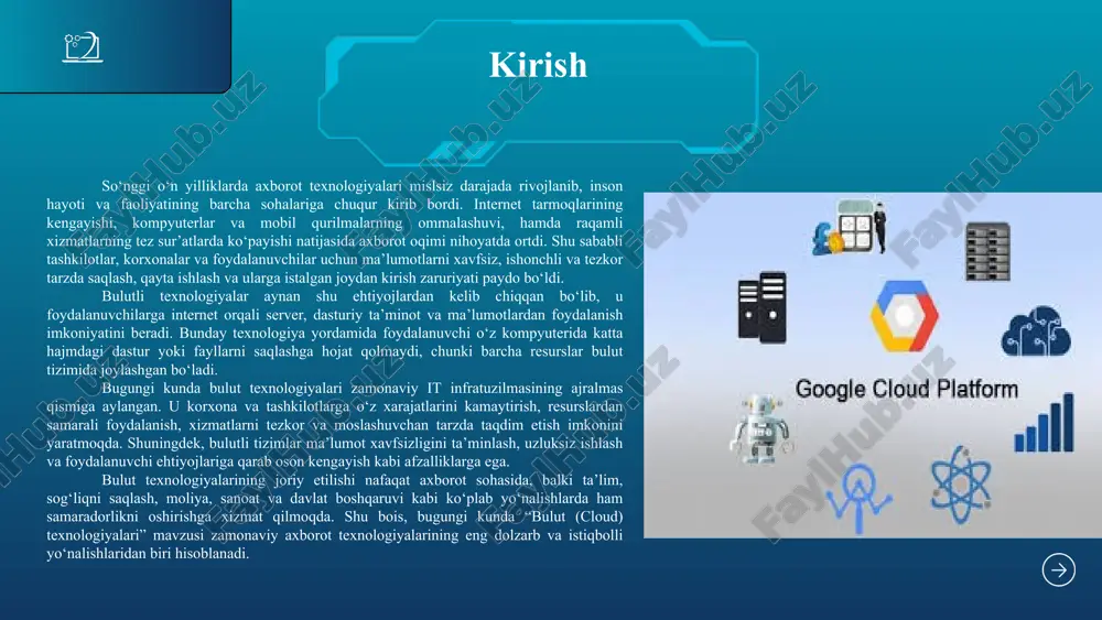 rqali ijaraga beriladi. xizmatlar, odatda, yirik provayderlar tomonidan taqdim etiladi (masalan, amazon web services, google cloud, microsoft azure). afzalligi — arzon narx, qulay foydalanish va avtomatik yangilanishlar. 2. shaxsiy bulut (private cloud) — faqat bitta tashkilot yoki korxona ichida ishlatiladigan yopiq muhitdir. bunda ma’lumotlar va resurslar ichki tarmoq orqali boshqariladi. afzalligi — yuqori xavfsizlik, maxfiylik va nazorat. katta tashkilotlar uchun mos variant. 3. gibrid bulut (hybrid cloud) — bu jamoaviy va shaxsiy bulutlarning kombinatsiyasi bo‘lib, foydalanuvchi ikki tizimning afzalliklarini birlashtiradi. masalan, maxfiy ma’lumotlar shaxsiy bulutda saqlanadi, boshqa oddiy xizmatlar esa jamoaviy bulut orqali ishlaydi. shu tariqa, har bir model tashkilot yoki foydalanuvchining xavfsizlik, xarajat va qulaylik talablariga qarab tanlanadi. bulut texnologiyalarining afzalliklari bulutli texnologiyalar bugungi kunda axborot tizimlarini samarali boshqarish va xarajatlarni kamaytirishda eng qulay yechimlardan biri hisoblanadi. ularning asosiy afzalliklari quyidagilardan iborat: 1. xarajatlarni kamaytirish. foydalanuvchi server, texnik jihoz yoki dastur xarid qilishga ehtiyoj sezmaydi. faqat foydalanilgan xizmat uchun …