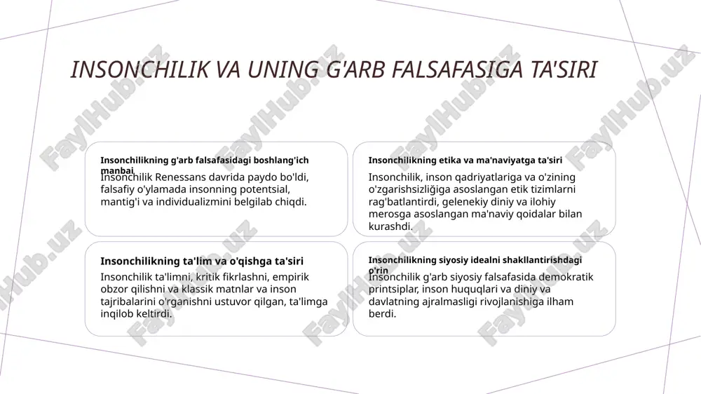 a qiziqish va madaniy o'zgarishga olib kelgan vaqt edi. insonchilik va shaxsiylik insonchilik insonning potentsialining ahamiyatini va shaxsiylikni belgilab, zamonaviy falsafa fikrlarini olib kelgan. ilmiy inqilob rinassans davri davomida ilmiy inqilob, gelenjik tasavvurlarni muhokama qilgan, falsafada amaliy dalillar va ma'qul so'rovni rivojlantirgan. rinassansning muhim falsafa mutafakkirlari machiavelli, erasmus va montaigne kabi filosoflar siyosat, etika va insoniyat tabiatiga oid yangi fikrlarni o'rganishdi. renessans o'zining g'arb falsafasiga o'xshashligi insonchilik va individualizm renessans insonning potentsialini va individualizmini muhim aks ettirdi, san'at, adabiyot va falsafa ta'sir qildi. ilmiy inqilob renessans o'limlik tasavvurlarga tantanali qarshi chiqib, empirik ko'z ko'rishni rag'batlantirib, ilmiy inqilob uchun zamin yaratdi. sekulyarizm va rasionallik renessans sekulyarizm va rasionallikni rag'batlantirib, diniy avtoritetdan uzoqroq, aql va dalillarga yo'naltirishni olib kelgan. modern demokratiyaga ta'siri renessans inson huquqlari, barobariylik va demokratiya ideyalarining g'arbning modern demokratik jamiyatlarini rivojlantirishiga ta'siri bo'ldi. rinassans falsafasi bilan klassik falsafa taqqoslashuvi. 1 tarixiy kontekst rinassans falsafasi xiv-xvii asrlarda paydo bo'ldi, odobiylik …