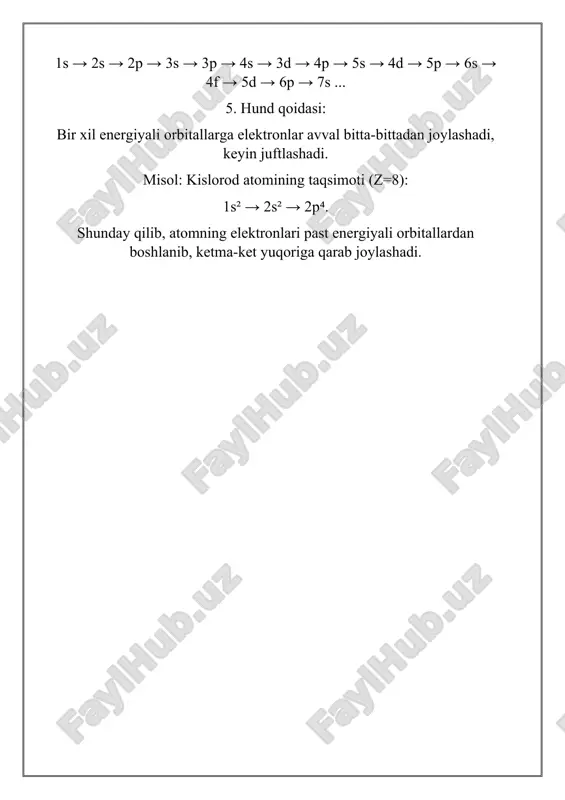 farqlari elektronlarning qanday to‘planishini belgilaydi. hulosa 3) energetik sathlar (elektronlar orbitalari) atamasi atomning elektron tuzilishi bilan bog‘liq. atomda elektronlar yadroning atrofida harakatlanib, ularning energiya darajalari va joylashuvi orbitalar deb ataladigan sohalarga ajratiladi. bu orbitalar turli energetik sathlarda bo‘ladi. 1. energetik sathlarning tuzilishi: asosiy energetik sath (n): bu sathlar atomning elektron konfigurasiyasini tashkil etadi. ularning raqami (1, 2, 3, ...) bilan belgilanadi. raqami sathning energiyasini belgilaydi: katta bo‘lsa, elektronning energiyasi yuqori bo‘ladi. orbitallar (s, p, d, f): har bir energetik sath o‘zida bir nechta orbitalarni o‘z ichiga oladi. bu orbitalar elektronlarni joylashtirish uchun imkoniyatlar yaratadi: s-orbital: yassi shakldagi orbital bo‘lib, har sathda bitta s-orbital mavjud. p-orbital: p-shaklida bo‘lgan orbitalar har bir energetik sathda uchta p-orbitalga ega (x, y, z o‘qlari bo‘yicha). d-orbital: har bir energetik sathda beshta d-orbital mavjud. f-orbital: har bir energetik sathda etti f-orbital mavjud. 2. orbitalarning pog‘onalar va to‘ldirilishi: elektronlar orbitalarda energiya tartibiga rioya qilgan holda joylashadi, ya'ni …