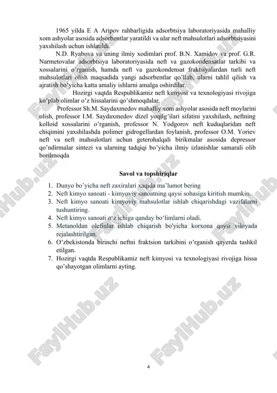 hlab chiqarish o'zbekistonga qimmatli tarkibiy qismlari kam bo'lgan o'zbekistonga xos tabiiy gazni yuqori qo'shilgan qiymatli polimer mahsulotlarga qayta ishlash imkonini beradi. ishlab chiqarish quvvati yiliga 1 110 000 tonnadan ortiq bo'lishi rejalashtirilgan. gaz-kimyo kompleksi yiliga 250 ming tonna polipropilen ishlab chiqaradi. polipropilen sun'iy tolalar, elektrotexnika va avtomobil qismlarini ishlab chiqarishda qo'llaniladi. shuningdek, yiliga 80 ming tonna past zichlikdagi polietilen ishlab chiqariladi. ushbu polietilen quvurlar, izolyatsiya materiallari, qadoqlash va oziq-ovqat plyonkalari, qoliplash mahsulotlarini ishlab chiqarish uchun xom ashyo sifatida ishlatiladi. oʼzbekistonda neft kimyosi rivojlanishi tarixiga hissa qoʼshgan olimlar oʼzbekistonda birinchi neftni fraktsion tarkibini oʼrganish boʼyicha kimyoviy laboratoriya toshkent shahrida n.b. teyx tomonidan tashkil etildi va bu laboratoriyada 1931 yilgacha ilmiy izlanishlar olib borildi. toshkent davlat universitetida professor s.n. naumov rahbarligida oʼlkamizdagi neftlarni oʼrganish tashkil qilindi, soʼngra bu ilmiy izlanishlar s.l. gusinskaya tomonidan davom ettirildi. 1932 yilda respublika fan qoʼmitasi tashkil etildi va uning negizida 1940 yil yanvarida oʼzbekiston fanlar akademiyasi tashkil …