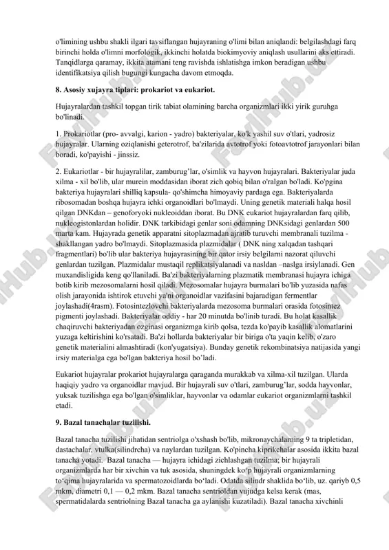 a tarkibiga elementlar makroelement va mikroelementlarga ajratiladi. makroelementlarni 2 guruhga birlashtiriladi. birinchi guruhga element larning 98% ini tashkil etuvchi c, o, h, n kiradi. bu elementlar tirik organizmlar tarkibiga kiruvchi organik birikmalar, masalan, oqsillar, nuklein kislotalar, lipidlar, uglevodlarni hosil qiladi. ikkinchi guruhga s, p, ca, na, k, cl, mg, fe kiradi. bu elementlar 1,9% ni tashkil etadi. miqdori 0,001% dan kam elementlar mikroelementlar deyiladi. ular biologik faol moddalar – ferment, gormon va vitaminlar tarkibiga kiradi. makroelementlar kislorod (o) suv va organik birikmalar tarkibiga kiradi. hujayrada nafas olish jarayonining aerob bosqichida ishtirok etadi. uglerod (c) barcha organik birikmalar tarkibiga kiradi. vodorod (h) suv va organik birikmalar tarkibiga kiradi. energiyaning bir turdan boshqa turga o‘tishida ishtirok etadi . azot (n) aminokislotalar, oqsillar, nuklein kislotalar, atf, xlorofi ll, vitaminlar tarkibiga kiradi . fosfor (p) nuklein kislotalar, atf, fermentlar, suyak to‘qimasi tarkibiga kiradi . kalsiy (ca) suyak to‘qimasi tarkibiga kiradi, qonning ivishi, muskullar qisqarishi- …