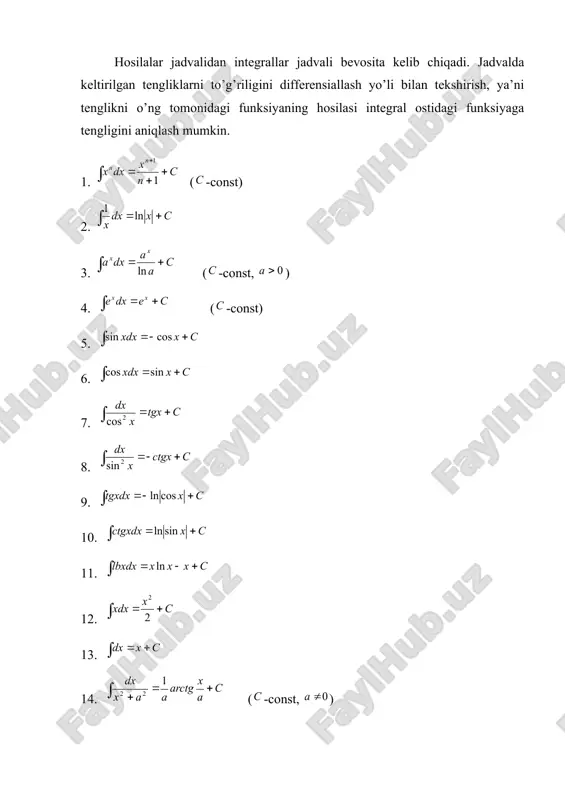 di. bu formulani qo’llab integral hisoblanganda ko’rinishdagi integral, ancha soda bo’lgan ko’rinishdagi integralga keltiriladi. agar integral ostida funksiya, yoki ikkita funksiyaning ko’paytmasi hamda teskari trigonometrik funksiyalar qatnashgan bo’lsa, bunda bo’laklab integrallash formulasi qo’llaniladi. bu usul bilan integrallaganda yangi o’zgaruvchiga o’tishga hojat bo’lmaydi. umuman, aniqmas integralni hisoblashda topilgan natija yoniga o’zgarmas ni qo’shib qo’yish shart. aks holda integralni bitta qiymati topilib, qolganlarini tashlab yubogan bo’lamiz. bu esa integrallashda xatolikka yo’l qo’yilgan deb hisoblanadi. misol. ni hisoblang. (bunda deb olamiz) (1) formulani qo’llab . takrorlash uchun savollar 1. boshlang'ich funktsiya deganda nimani tushunamiz? 1. aniqmas integral deb nimaga aytiladi? 1. aniqmas integralning qanday xossalari bor? 1. trigonometrik funktsiyalarni integrallash jadvalini ayting? 1. algebraik funktsiyalarni integrallar jadvalini ayting? 1. integrallash deganda nimani tushunasiz?. 1. integrallash qoidalarini ayting? mavzu bo`yicha test savollari 1-darajali test savollari quyidagi funksiyalarning boshlang’ich funksiyalarini toping. 1. a. b. v. g. 2. a. b. v. g. 3. a. b. v. …