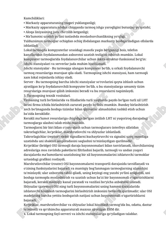 algan. chunki 80-90% axborot o‘sha tarmoq atrofida aylanib yuradi. lokal tarmoqlari xar qanday tuzilmaga ega bo‘lishi mumkin. lekin lokal tarmoqdagi kompyuterlar yuqori tezlikka ega yagona axborot uzatish kanali bilan bog‘langan bo‘ladi. lokal tarmoqda ehm lar orasidagi masofa uncha katta emas-10 km gacha, radiokanal aloqasidan foydalanilsa-20 km. ko‘p hollarda o‘zining lokal ma’lumotli tizimiga xizmat ko‘rsatayotgan lokal kompyuter tarmog‘i boshqa hisoblash tarmoqlari, ichki va tashqi, xatto xududiy va global tarmoqlar bilan bog‘langandir. xar qanday xisoblash tarmog‘ining asosiy vazifasi unga ulangan foydalanuvchilarga ma’lumotli va hisoblash resurslarini taqdim etishdir. 2. lokal tarmok turlari va ularning o‘ziga xos xususiyatlari. lokal hisoblash tarmog‘ini uchta sxema orqali ulashimiz mumkin. shinali ulanish-chiziqli ma’lumotlarni ishlatish kanalini ishlatadi, unga nisbatan qisqa biriktiruvchi liniyalar vositasi bilan interfeys plata orqali barcha uzellar ulangandir. tarmoqning uzatish uzelidan ma’lumotlar shina bo‘yicha ikkita tomonga tarqatiladi. oraliqdagi uzellar kelayotgan axborotlarni translyatsiya(olib ko‘rsatish) qilmaydi. ma’lumot hamma uzellarga keladi, lekin axborotni kimga yuborilgan bo‘lsa, o‘sha qabul qiladi. shinali …
