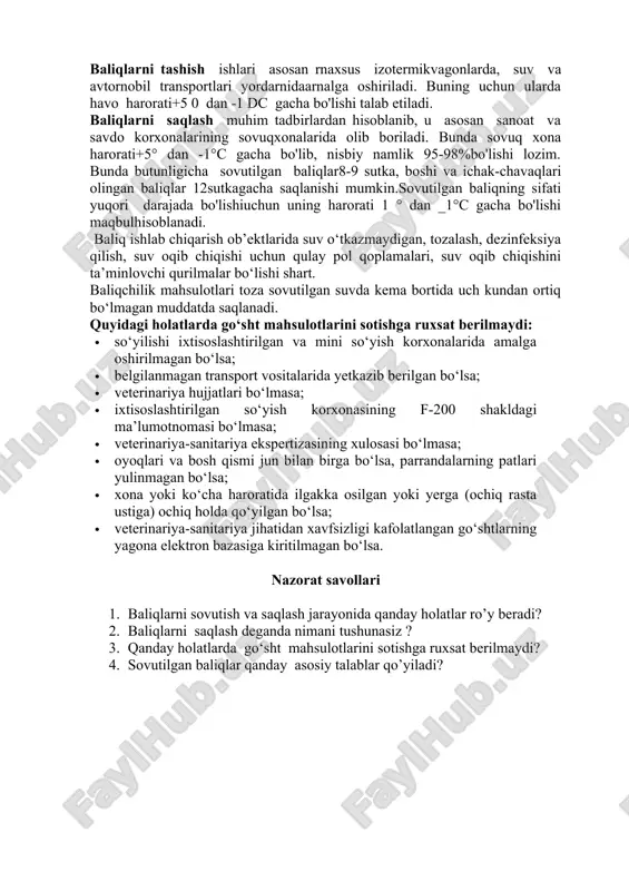 ming tanasi toza, o'ziningtabiiy rangiga ega, jarohatlanrnagan bo'lishi kerak. shuningdek, jabrasi to'q qizil yoki pushti rangda,konsistentsiyasi zich, hidi tabiiy, toza bo'lishi va,urnurnan, salbiy holatlari bo'lrnasligi talab etiladi. baliqlarni joylash ishlarida asosan sig'irni 80 kgli yog'och yashiklardan va 150 i li bochkalardanfoydalaniladi. agar baliqlar 50 srn uzunlikda bo'lsa, uholda sig'irni 250 1 li bochkalar ishlatiladi. shuningdek, polirner rnateriallardan tayyorlangan yashiklardanva bochkalardan foydalaniladi. ular chidarnli, yengil vagigiyena jihatidan qulay hisoblanadi.baliqlarni tashish ishlari asosan rnaxsus izotermikvagonlarda, suv va avtornobil transportlari yordarnidaarnalga oshiriladi. buning uchun ularda havo harorati +5 0 dan -1 dc gacha bo'lishi talab etiladi. beradi va baliqlami sifati buzilmagan holdamo'ljallangan yerlargajo'natish imkonini beradi.sovutilgan baliqlar sifatiga bo'lgan asosiy talablar barcha turdagi ovlangan baliqlar savdo korxona-lariga turli ko'rinishda, ya'ni shunday butunligicha,ayrirn hollarda boshi olingan holda chiqariladi. sovutilgan baliqlar rnaxsus standart talabiga ko'ra ulamingvazni va uzunligiga qarab: yirik, o'rtacha va rnaydabaliqlarga bo'linadi. sovutilgan baliqlaming sifatiasosan ulaming organoleptik ko'rsatkichlariga qarabbelgilanadi. faqat ayrirn hollardagina fizik-kirnyoviy va …