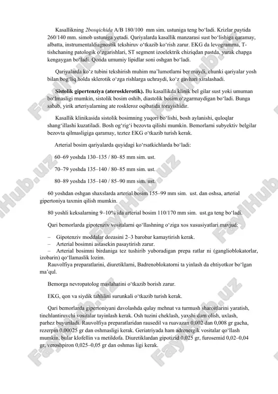 ri qisqarishi kuzatiladi. bunda bemorga xuddi yurak ishi to‘xtab qolgandek bo‘lib seziladi. ekstrasistoliyani davolashda koronar qon tomirlarni kengaytiruvchi, miokardni qon bilan ta’minlaydigan, yurak yetishmovchiligini bartaraf etadigan vositalar tayinlanadi. buning uchun digitalis preparatlari, strofantin, sedativ moddalar va trankvilizatorlar buyuriladi. novokainamid muskul orasiga 5–10 ml dan, lidokain 10 ml dan beriladi. ekstrasistoliyani bosish maqsadida ovqatdan keyin kuniga 3–4 marta 20–30 ml dan 10% li kaliy xlor eritmasi meva suvlari bilan ichib turiladi. paroksizmal taxikardiyalar – aterosklerotik kardioskleroz, miokard infarkti, gipertoniyada kuzatilib, yurak ritmining birdan tezlashib, yurak qisqarishlarining minutiga 180–250 tagacha yetib qolishi va birdan sekinlashib, asliga kelib qolishidan iboratdir. kasallik yurak o‘ynog‘i xurujlari bilan kechadi. qariyalar bunday aritmiyalarni boshidan juda og‘ir kechiradilar. bunday hollarda strofantin, aymalin, novokainamid, kaliy xlor va statsionar sharoitida xinidin buyuriladi. qorinchalarning pir­pir uchishi, ya’ni fibrillatsiyasi klinik o‘lim hisoblanib, bunda yurakdan qon otilib chiqmay qo‘yadi. geriatrik bemorlarda ham elektr defibrillatsiyasini o‘tkazish mumkin. geriatrik bemorlarda yurak va koronar qon tomirlarining …