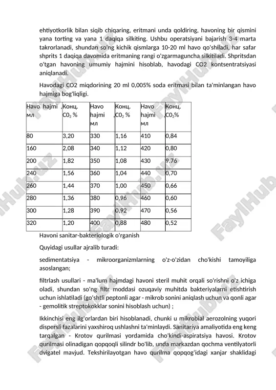 sifatini bilvosita integral ko'rsatkich - karbonat angidrid miqdori bilan baholash odatiy holdir. havodagi co2 ni aniqlashning ekspress usuli karbonat angidridning soda eritmasi bilan reaktsiyasiga asoslangan. usulning printsipi shundan iboratki, fenolftalein indikatorli pushti soda eritmasi barcha natriy karbonat havo co2 bilan reaksiyaga kirishib, soda bikarbonatiga aylanganda rangsizlanadi. 100 ml li shpritsga 20 ml 0,005% li sodaning fenolftaleinli eritmasi solinadi, so‘ngra 80 ml havo so‘riladi va 1 daqiqa davomida chayqatiladi. agar eritma rangi o'zgarmagan bo'lsa, shpritsdan havoni ehtiyotkorlik bilan siqib chiqaring, eritmani unda qoldiring, havoning bir qismini yana torting va yana 1 daqiqa silkiting. ushbu operatsiyani bajarish 3-4 marta takrorlanadi, shundan so'ng kichik qismlarga 10-20 ml havo qo'shiladi, har safar shprits 1 daqiqa davomida eritmaning rangi o'zgarmaguncha silkitiladi. shpritsdan o'tgan havoning umumiy hajmini hisoblab, havodagi co2 kontsentratsiyasi aniqlanadi. havodagi co2 miqdorining 20 ml 0,005% soda eritmasi bilan ta'minlangan havo hajmiga bog'liqligi. havo hajmi , ml konts. s02 % havo hajmi , ml …
