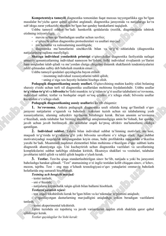 konini beradi. o‘qituvchining diagnostik faoliyati nafaqat o‘quvchilarning ahvolini aniqlash va baholashga, balki ularning rivojlanishiga ijobiy yoki salbiy ta’sir ko‘rsatadigan omillar, shart-sharoitlarni aniqlashga ham yo‘naltirilgandir. bashoratlash funksiyasi pedagogik tadqiqotlarda yanada samarali qo‘llaniladi. 3. nazorat va tuzatish funksiyasi o‘qituvchiga o‘quvchilar ta’lim va tarbiya jarayonida duch keladigan qiyinchiliklarni bartaraf qilish orqali pedagogik jarayonni boshqarish, shuningdek, ta’limning rivojlantiruvchi imkoniyatlaridan o‘qitish samaradorligini oshirishda foydalanishga yordam beradi. mazkur funksiya ekspert baholash asosida amalga oshiriladi hamda tashxislanayotgan ob’ektning muayyan standart, me’yor yoki modelga egaligini nazarda tutadi. 4. baholash funksiyasi qo‘lga kiritilgan pedagogik mezon va ko‘rsatkichlar bilan taqqoslash asosida amalga oshiriladi. mazkur funksiya amalga oshirish o‘rganilayotgan pedagogik ob’ektning har bir aniq belgilangan vaqtdagi o‘zgarishi darajasini belgilash va bu o‘zgarishlarning o‘qituvchining harakatlariga bog‘liqligini ifodalaydi. baholash funksiyasi har bir o‘qituvchi faoliyatini sifat va miqdor jihatdan baholanilishiga xizmat qiladi. pedagogik diagnostikada ilmiypedagogik tajriba sifatida amalga oshiriladigan baholash funksiyasi qo‘lga kiritilgan natijalarni tahlil qilish, xolis ravishda qiymatini belgilash imkoniyatini yaratadi. pedagogik diagnostika …