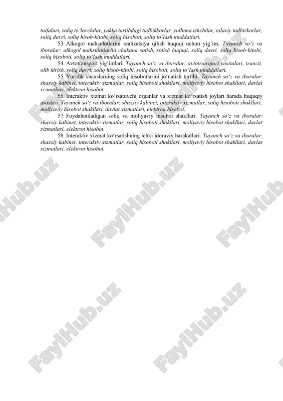 iyozlar va soliq stavkalari. tayanch so‘z va iboralar: soliq imtiyozlari, tovarlar (xizmatlar) realizatsiyasini soliqdan ozod qilish, moliyaviy xizmatlarni soliqdan ozod qilish, o‘zbekiston respublikasi hududiga olib kirish, soliq stavkasi, nol darajali stavka. 29. qo‘shilgan qiymat solig‘ini hisoblab chiqarish, hisob-kitoblarni taqdim etish va soliq to‘lash tartibi. tayanch so‘z va iboralar: soliq davri, soliq hisob-kitobi, soliq hisoboti, soliq to‘lash muddatlari. 30. yuridik shaxslarning mol-mulkiga solinadigan soliqning joriy etilishi va uning iqtisodiy mohiyati. tayanch so‘z va iboralar: mol-mulk, mol-mulk qiymati, ko‘chmas mulk. 31. yuridik shaxslarning mol-mulkiga solinadigan soliq to‘lovchilari, soliq solish ob’yekti, soliq bazasi va mol-mulkning o‘rtacha yillik qoldiq qiymatini aniqlash tartibi. tayanch so‘z va iboralar: qurilishi tugallanmagan ob’ektlar, o‘rtacha yillik qoldiq qiymat, qoldiq qiymat, eng kam qiymat, soliq to‘lovchilar, soliq ob’ekti, soliq bazasi. 32. yuridik shaxslardan olinadigan mol-mulk solig‘i bo‘yicha imtiyozlar va soliq stavkalari. tayanch so‘z va iboralar: soliq imtiyozlari, o‘rtacha yillik qoldiq qiymatiga (o‘rtacha yillik qiymatiga) kamaytirish, soliq stavkasi. 33. yuridik shaxslardan …