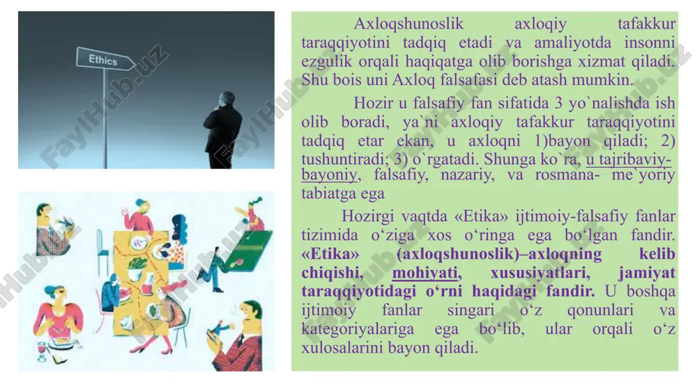 ka erishib bo`lmaydi, lekin inson ana shu komillikni o`ziga namuna bilib, idealga intilib yashashi jarayonida nisbiy-hayotiy komillikni qo`lga kiritadi baxt – har bir insonda qoniqish hissi undagi maqsadlarning takomilga yetkanidagina ro`y beradi. farobiy “baxt – har bir inson intiladigan maqsad, zotan u muayyan komillikdir”, – deganda ko`p jihatdan haq edi hayolilik – bu me`yor xulqiy har bir xulqiy go`zallikning asosiy belgilaridan biri hisoblanadi. bir qarashda uyat hissi bilan o`xshasada, aslida o`zini ko`proq andisha va iboga yaqin fazilat tarzida namoyon qiladi, unda axloqiy mohiyat estetik xususiyat-nafosat bilan uyg`unlashib ketadi “erkinlik insonni siyosiy, ma’naviy zo’riqishdan, zo’ravonlikdan himoya qilishdir. erkinlik o’z baxtini o’zi yaratish vositasidir. erkinlik jamiyati va boshqa ma’rifatli kishilar bilan insonning muloqotga kirishish huquqidir. erkinlik –jamiyat tomonidan insonni ochlidan va qashshoqlikdan, qo’rquvdan jaholatdan yakkalanib qolishdan himoya qilishining kafolatlanishidir. erkinlikni jamiyatning turli sohalari bilan bog’lab aniq tushunchalar hosil etiladi. masalan vijdon erkinligi, fuqarolar erkinligi, iroda erkinligi, fikr erkinligi, so’z erkinligi, matbuot erkinligi …
