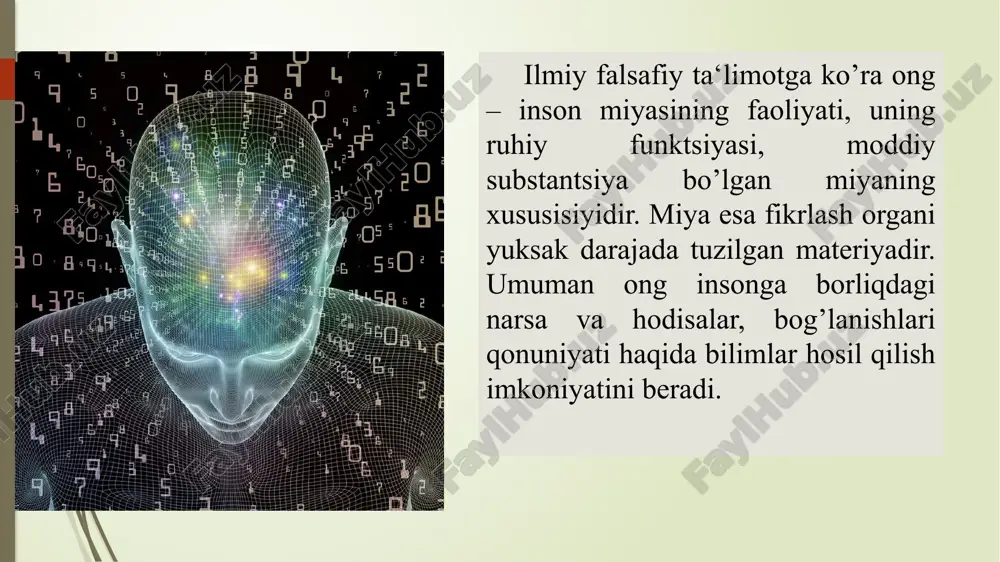 anfaatlarini, faoliyatining yo’nalishini, jamiyatda qanday o’ringa egaligi va qanday rol o’ynashini anglay olishidan boshlanadi. lekin bu o’z – o’zini anglash insonda o’z – o’zidan, «aprior» shakllarda yuzaga kelmaydi, balki u ong bilan birga, insonning moddiy va ma‘naviy faoliyatlari asosida, uning ijtimoiy turmush tarzi ta‘sirida shakllana boradi. bunda uning o’z – o’zini anglashi o’z faoliyatlarini nazorat qilishda, o’zining qilayotgan ishlari va faoliyatlari uchun ma‘sullikni his qilishda namoyon bo’ladi. ongning vujudga kelishi va rivojlanishida mehnat hal qluvchi omildir. insoniyat o’zining ma‘lum maqsadga qaratilgan ongli mehnati tufayligina tabiatdan ajralib turadi. inson o’zining mehnati natijasida ijtimoiy hayotni tubdan qayta qurishga qodir bo’lgan yagona kuchdir. jamiyat taraqqiyoti jarayonida odamlarning mehnat faoliyati ham tobora takomillashib, ma‘no jihatdan farq qiluvchi tovushlarni, so’zlarini chiqarish imkoniyatlariga ega bo’ladi. bunday imkoniyatga ega bo’lgan uyushgan kishilar shu darajada yetadilarki, ularda bir – birlariga nimanidir aytish ehtiyoji tugiladi. bu ehtiyoj o’ziga kerakli a‘zoni hamda u bilan bog’liq nutq va tilni vujudga keltiradi. …