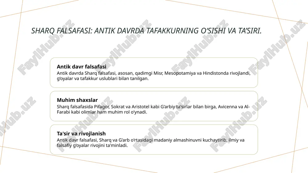 sans falsafasida muhim o'rin tutadi, insonning bilish jarayoni va tabiat bilan uyg'unlikka erishishi zarur deb hisoblanadi. asosiy falsafiy yo‘nalishlar: humanizm va empirizm. humanizmning mohiyati empirizm ta'rifi falsafiy ta'siri humanizm - insoniyat va uning qadr-qimmatini o‘rganishga qaratilgan falsafiy yo‘nalish. inson, uning ehtiyojlari va erkinligi asosiy o‘rinda turadi. empirizm - tajriba va kuzatish orqali bilimga erishish g‘oyasi. bu yo‘nalish, bilish jarayonida hissiyot va tajribani muhim omil sifatida ko‘radi. har ikkala yo‘nalish, g‘oyalar va ilm-fan rivojida katta ta'sir ko‘rsatdi. ular, zamonaviy falsafaning asosiy tamoyillarini shakllantirib, madaniy merosni boyitdi. yevropa uyg‘onish davrining falsafiy merosi va uning ta’siri. 01 yevropa uyg‘onishi yevropa uyg‘onish davri, 14-17-asrlarda, san'at, ilm-fan va falsafada yangilanishni boshlab berdi, insoniyat tafakkurining yangi bosqichini yaratdi. 02 falsafiy asoslar uyg‘onish davrining falsafiy merosi, humanizm va empirizm kabi asosiy yo‘nalishlarni rivojlantirdi, insonni markaziy figura sifatida ko‘rsatdi. 03 ta'sirlar falsafiy meros, ilmiy inqilob va zamonaviy falsafaga zamin yaratdi, shuningdek, din va falsafa o‘rtasidagi munosabatlarni yanada chuqurlashtirdi. …