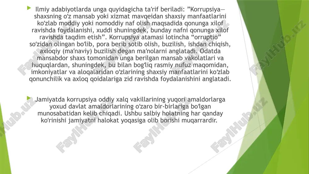 nt shahrida iqtisodiy hamkorlik tashkilotiga a'zo davlatlar korruptsiyaga qarshi kurashish idoralari rahbarlari va ombudsmanlarining 4-yig'ilishi bo'lib o'tdi. unda a'zo davlatlar mutasaddi idoralarining 40 dan ortiq vakillari ishtirok etdi. iqtisodiy hamkorlik tashkiloti— a'zo mamlakatlarning iqtisodiy, madaniy, fan va texnikaviy hamkorligi bo'yicha tashkil etilgan xalqaro mintaqaviy tashkilotdir. mazkur nufuzli mintaqaviy birlashma 1985 yilda tashkil etilgan bo'lib, uning asosiy maqsadi savdo, investitsiyalar, innovatsiyalar, transport, kommunikatsiyalar, energetika, qishloq xo'jaligi va sanoat kabi ustuvor yo'nalishlarda davlatlar o'rtasida hamkorlikni rivojlantirishdan iborat. ma'lumot o'rnida aytish lozimki, korruptsiyaga qarshi kurashish - o'zbekiston respublikasi oliy majlisining inson huquqlari bo'yicha vakili (ombudsman) faoliyatining ustuvor yo'nalishlaridan hisoblanadi. shu nuqtai nazardan, ombudsman davlat organlari va tashkilotlari hamda ularning mansabdor shaxslari tomonidan inson huquqlari, erkinliklari va qonuniy manfaatlari to'g'risidagi qonunchilikka rioya etilishi ustidan parlament nazoratini amalga oshirib, fuqarolarning murojaatlarini ko'rib chiqish orqali ularning huquq va erkinliklarini cheklanishiga sabab bo'lgan korruptsiyaviy holatlarni bartaraf etish bo'yicha choralar ko'radi. - korruptsiya har qanday davlat va jamiyat …