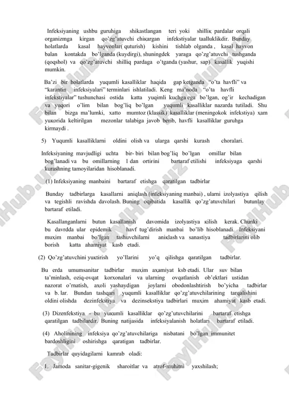 ichishadi, buning oqibatida esa yo’tal va aksarish yuzaga keladi. kasallik yo’talganda, aksirganda va xatto gapirganda havo orqali yuqadi . havoda tarqalgan mikrob- qo’zg’atuvchilar havo oqimlari bilan nafas olinganda nafas olish yo’llarining shilliq pardalariga o’tadi. kasallikni bunday yuqishi havo-tomchi infeksiyaning tarqalishidir. bundan tashqari chang infeksiyasi mavjud. bu infekstiya havoda mavjud bo’lgan qo’zg’atuvchilar orqali bilvosita yo’l bilan yuqib, aerogen infeksiyani yuzaga keltiradi. masalan gripp, adenovirusli infeksiya, tuberkulez va b. lar. 2) ichak infeksiyasi. ichak infeksiyasining qo’zg’atuvchisi ovqat va suv bilan birgalikda oshqozon-ichak yo’llar orqali organizmga kirib qoladi. ayni oshqozon-ichak yo’lida qo’zg’atuvchining birlamchi lokalizastiyalanishi bo’lib o’tadi va buning natijasida o’ziga xos bo’lgan o’zgarishlar yuzaga keladi. ichaq guruhiga taalluqli ba’zi bir yuqumli kasalliklar vaqtida qo’zg’atuvchilar qayt etilgan massalar bilan tashqariga chiqariladi. xolera va tif qasalliklari holatida bu jarayon najas massalari orqali kechadi. 3) qon infekstiyalari. bunday infeksiyalarda qo’zg’atuvchilar dastlab qonda va limfada lokalizastiyalashadi. chunki qon yurish tizimi ovqat hazm qilish va nafas olish tizimidan …