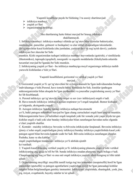 ksinatsiya qilish) yo’li bilan sun’iy ra-vishda vujudga keltiriladi. karantin deb yuqumli kasalliklarning tarqalib kelishiga yo’l qo’ymaslik va zararlanish o’chog’ini bartaraf etishga qaratilgan tegishli tartib qoidalar epidemiya-ga qarshi ma’muriy va sanitariya chora-tadbirlari kompleksiga aytiladi. karantin aholini alohidalab muloqatlarni cheklab qo’yishni ko’zda tutadi. o’ta xavfli yuqumli kasallikka qarshi bosh oyoq kiyim: kombinezon, kapyushon, etik, burun va og’izga tutib, bog’lab olinadigan paxta doka bog’lam, alohida ko’zoynak, rezina qo’lqop va tibbiyot xalatidan iborat. observatsiya deb zararlanish o’chog’i ustidan tibbiy kuzatuv olib boorish va unda davo profilaktika hamda cheklovchi chora-tadbirlarni o’tkazishni ko’zda tuta-digan tadbirlar kompleksiga aytiladi. dezinfeksiya odamning atrofidagi muhitda yuqumli kasalliklar qo’zg’atuv-chilarini yo’q qilishga qaratilgan maxsus chora-tadbirlar kompleksidir. dezinseksiya yuqumli kasallikni yuqtiruvchilar bo’lmish hashoratlar ka-nallarni yo’q qilish tushuniladi. deratizatsiya epidemiologic jihatdan xavf soladigan kemiruvchilarni qirib tashlash tushuniladi. profilaktik dezinfeksiya- yuqumli kasalliklar paydo bo’lishi yoki odamlar o’rtada ishlatadigan buyumlar va narsalardan yuqumli kasalliklar yuqishini bartaraf etish maqsadida o’tkaziladi. joriy dezinfeksiya- infeksiyaning tarqalishiga yo’l qo’ymaslik maqsadida …