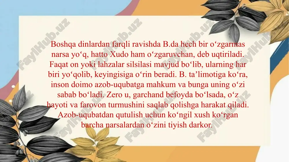 ydalanilgan adabiyotlar 1. karimov i. a. o’zbekiston mustaqillikka erishish ostonasida. t.: o’zbekiston. 2011yil. 2. karimov i. a. yuksak ma’naviyat – engilmas kuch. t.: “ma’naviyat”, 2008 y. 3. karimov i. a “inson huquqlari va erkinliklari eng oily qadriyat” toshkent “o`zbekiston ” nashriyoti 2007 yil. 4. karimov i. a. olloh qalbimizda, yuragimizda. t.: “o’zbekiston”, 1999. 5. tokerev s. religiya v istorii norodov mira. m.: 1965. 6. n. f nizomiddinov “sharqiy osiyo diniy falsafiy ta`limotlari va islom” toshkent. “zarqalam” nashriyoti 2006 yil image1.png image2.png image3.png image4.png image5.png image6.png image7.png image8.png image9.png image10.png image11.png image12.png image13.png image14.png image15.png image16.png image17.png /docprops/thumbnail.jpeg