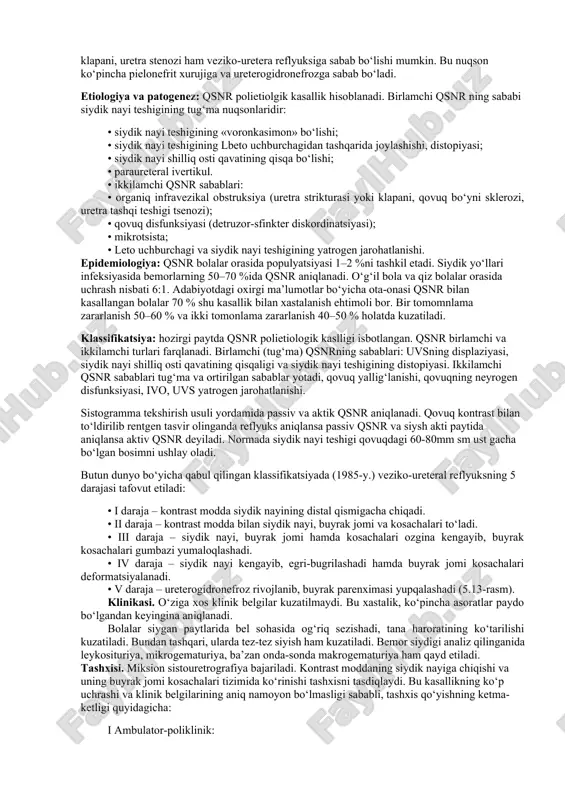 yrak sinuslari zichligining va sinus devori giperexogenligini oshganligi aniqlanadi keyingi tekshirish usuli bu – ekskretor urografiyadir. buyrak hajmi asimmetriyalanishi, buyrak parenximasi yupqalashganligi, jom – kosachalar tizimining deformatsiyalanganligi, kontrast moddaning notekis ajralishi, jom-kosachalar adinamiyasi ekskretor urogrammada aniqlanadigan belgilardir. davosi. pielonefritni davolash uning bosqichiga bog‘liq birlamchi pielonefritda bemorga parhez, antibakterial va stimullovchi terapiya buyuriladi. shuni aytish lozimki, pielonefritni davolashda qo‘llaniladigan deyarli barcha antibiotiklar potentsial nefrotoksik ta’sirga ega. bularga kanamitsin, neomitsin, tetrasiklin guruhi kiradi. shuning uchun bu antibiotiklar guruhini pielonefritda qo‘llamagan ma’kul. pielonefritni davolash uchun eng kam nefrotoksik ta’sirga ega penisillin guruhi, seporin, eritromitsin va levomitsetin kabilarni ishlatish maqsadga muvofiq nitrofuranlar (furadonin, furagin) va nalidoksin kislota hosilalari (negram, nevigramon) yaxshi natijalar beradi. pielonefritni davolashda gramm musbat va gramm manfiy mikroblarga nisbatan antibakterial dori 5-nok qo‘llaniladi. pielonefritni kompleks davolashda dorivor giyoxlar (dalachoy, moychechak, marvarak, na’matak, oq kayin kurtagi, buyrak choyi va h.k.) ham yaxshi natija beradi. kasallikni davolash uzoq muddatni talab qiladi. shuning uchun …