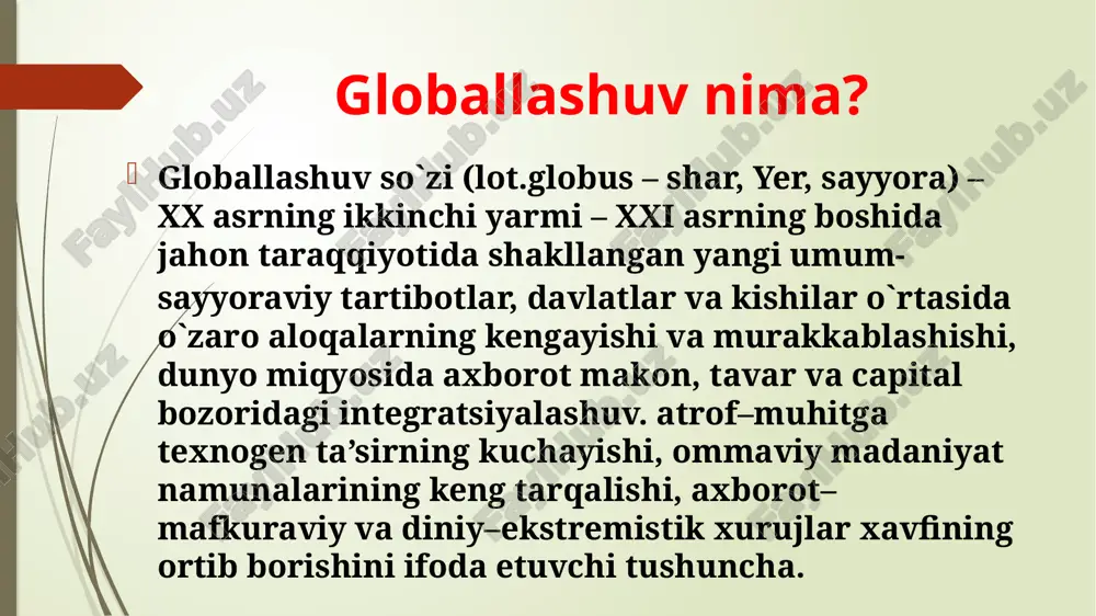d ma’lumotlarga asosan, dunyo xalqlarining 2/3 qismi doim oziq-ovqat taqchilligi hukm surayotgan mamlakat xalqlari hissasiga to`g’ri kelmoqda. inson va tabiat munosabati rivojlangan va kam taraqqiy etgan mamlakatlar o`rtasidagi tafovutni yo`qotish ham davrimizning eng chigal jahonshumul muammolari qatoridan o`rin oldi. rivojlangan mamlakatlarda zamonaviy texnologiya, ilg’or ishlab chiqarish malakasi va insoniyatning ilmiy-texnika yutuqlari sistemalashtirilgan bilimlar zaxirasi to`planib, shu bilan birga aholining tabiiy o`sish darajasining pastligi boshqa mamlakatlarga nisbatan o`z mamlakati aholisining iqtisodiy yashash tarzining beqiyos darajada yaxshilanishiga olib keldi xulosa bugungi kunda o`zbek xalqining qadriyatlari asosida yosh avlod dunyoqarashi shakllantirilganda, shubhasiz ajdodlarimizning o`z vatani, tabiiy muhitga bo`lgan mehr-muhabbatli bo`lish kabi muqqadas tuyg’usining avloddan-avlodga meros bo`lib o`tayotganligini va bu meros oldida chuqur mas’uliyat hissi bo`lishi zarur ekanligini hisobga olish lozim. zero , “butun dunyo yagona va o`zaro bog’liqdir. bizning mushtarak burchimiz er yuzini bolalarimiz va nabiralarimizga obod va baxtiyor yashashlari uchun munosib qilib qoldirishdir” foydalanilgan adabiyotlar d. , izzetova e. filosofiya. -t.: sharqshunoslik, …